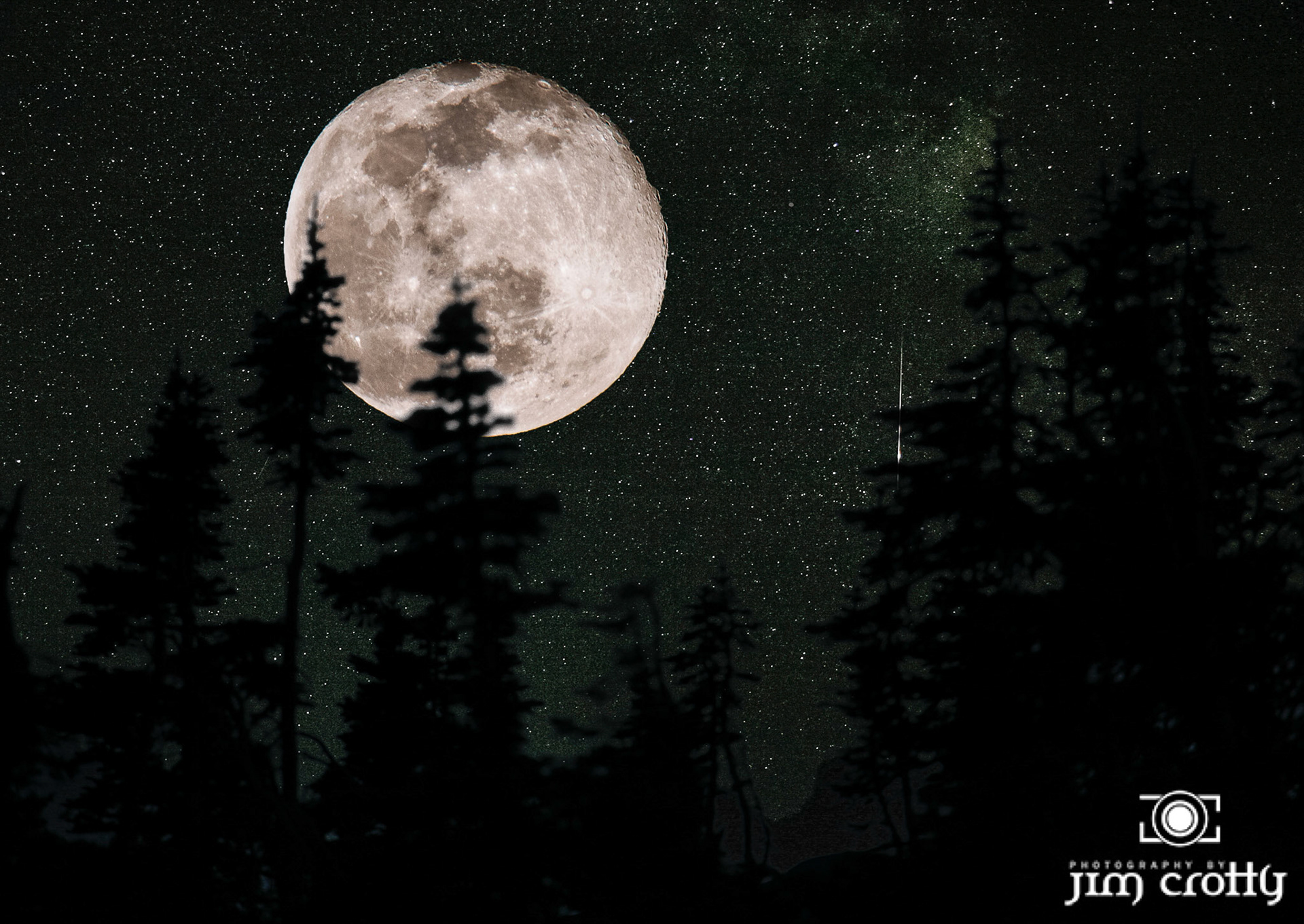 Digital composite photography of Moon, meteor, and pine trees