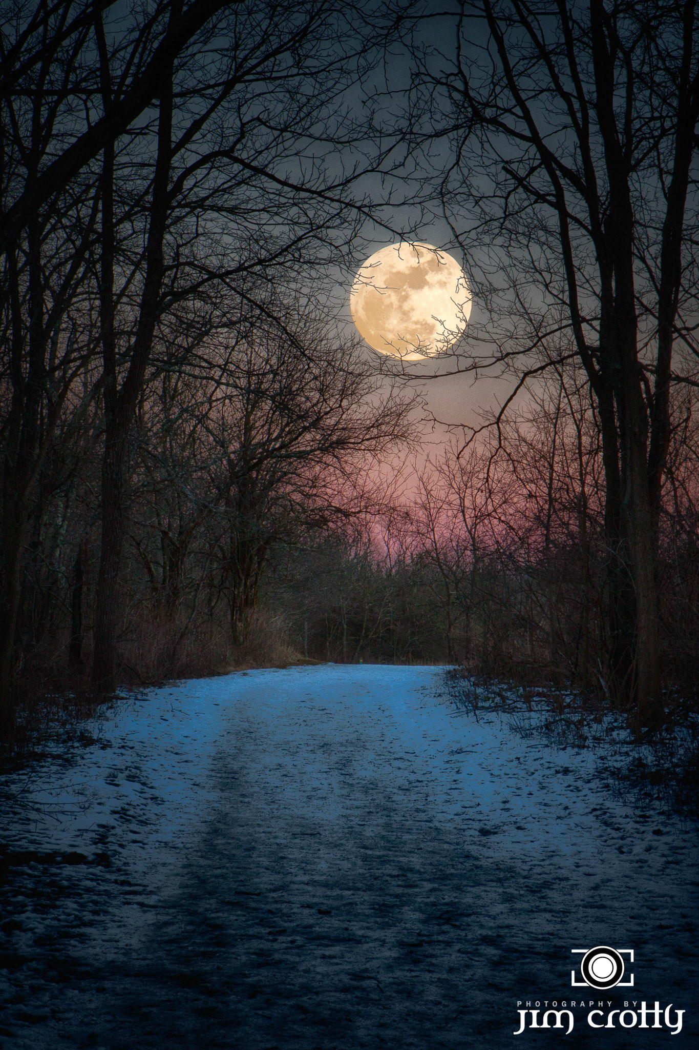 Full Wolf Moon of January 2016 rising over path at Sugarcreek MetroPark near Dayton Ohio by Jim Crotty
