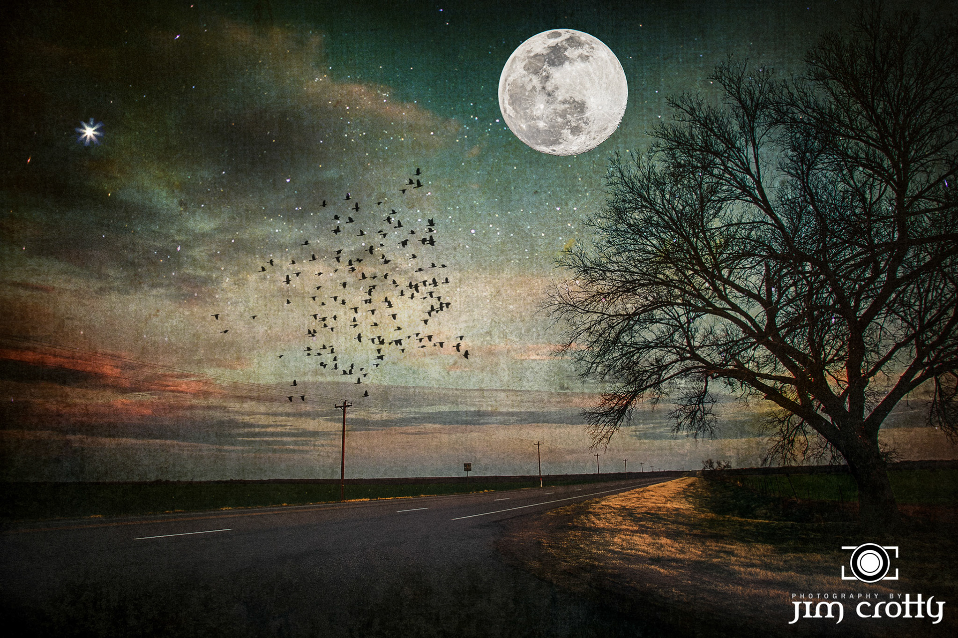 Digital composite of Moon, stars, and Texas rural road by Jim Crotty
