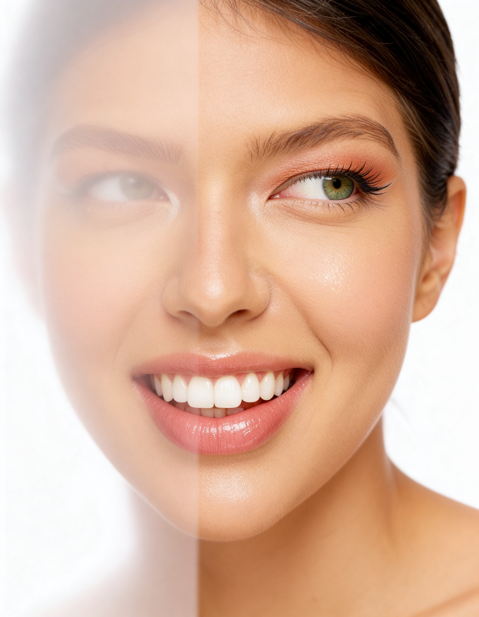 Beauty portrait of woman behind frosted glass with softened facial features and diffused light