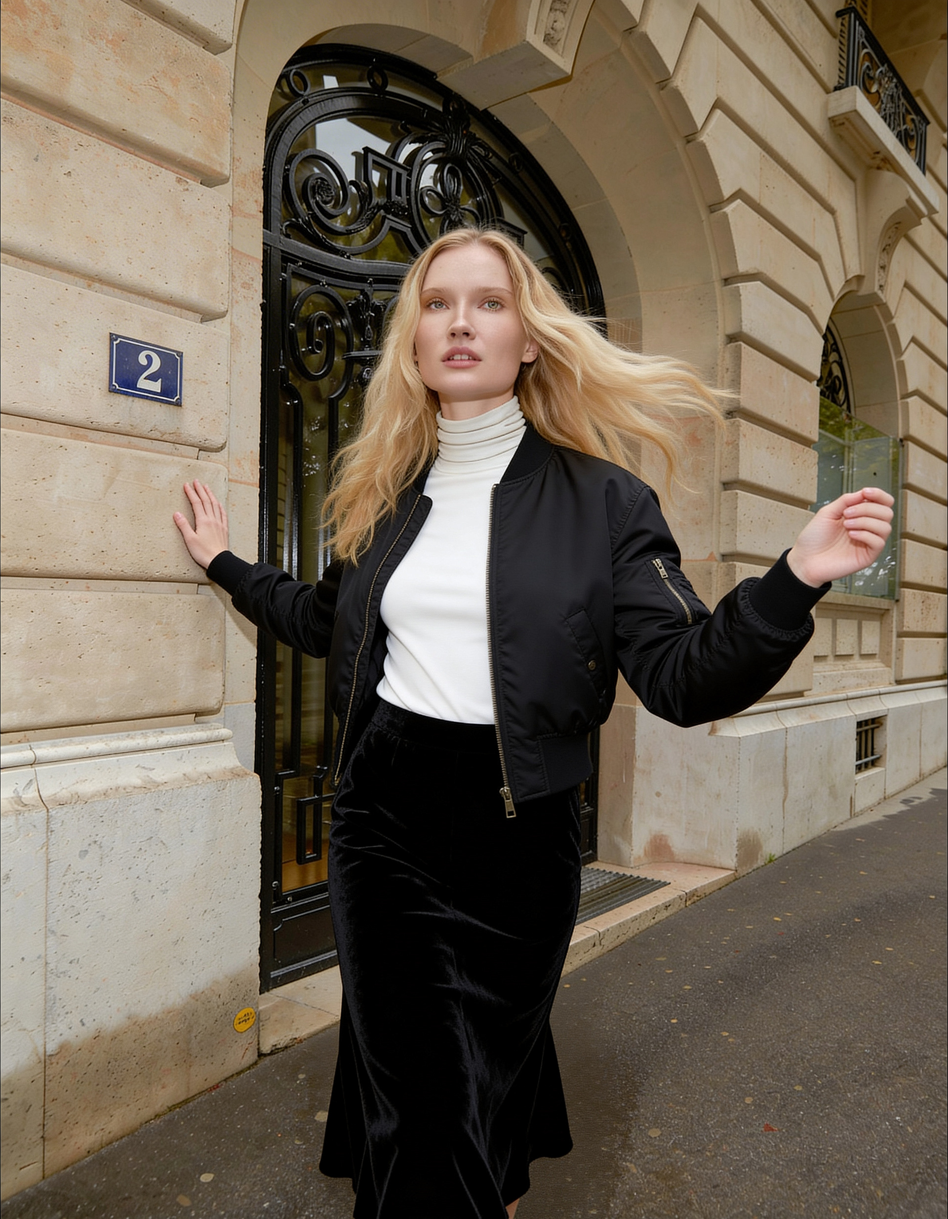 Model in black jacket and white top standing by Paris doorway fashion editorial image
