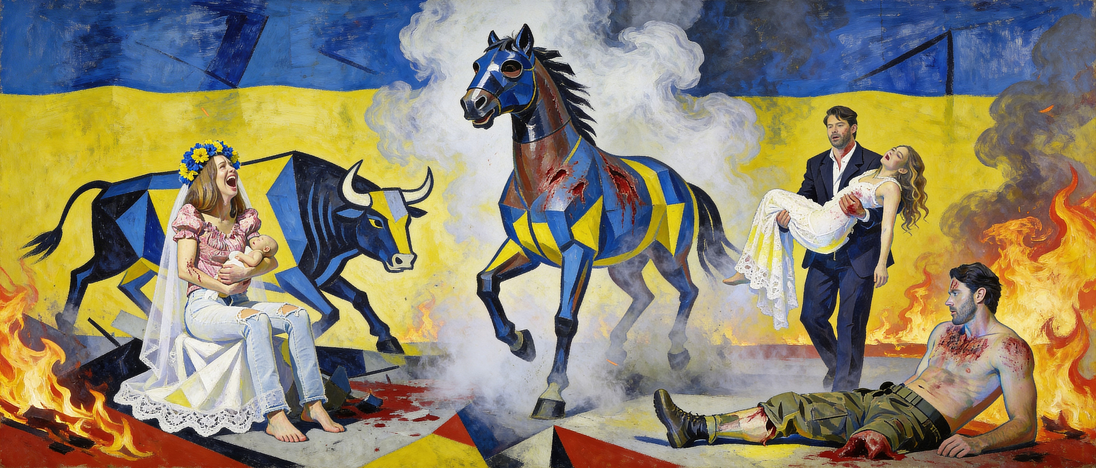 Concept composite for Guernica in Progress: A Contemporary Interpretation, directed by Ken Jones, showing a contemporary war-inspired reinterpretation of Picasso’s Guernica with figures, fire, a wounded horse, a bull, and blue and yellow symbolism.