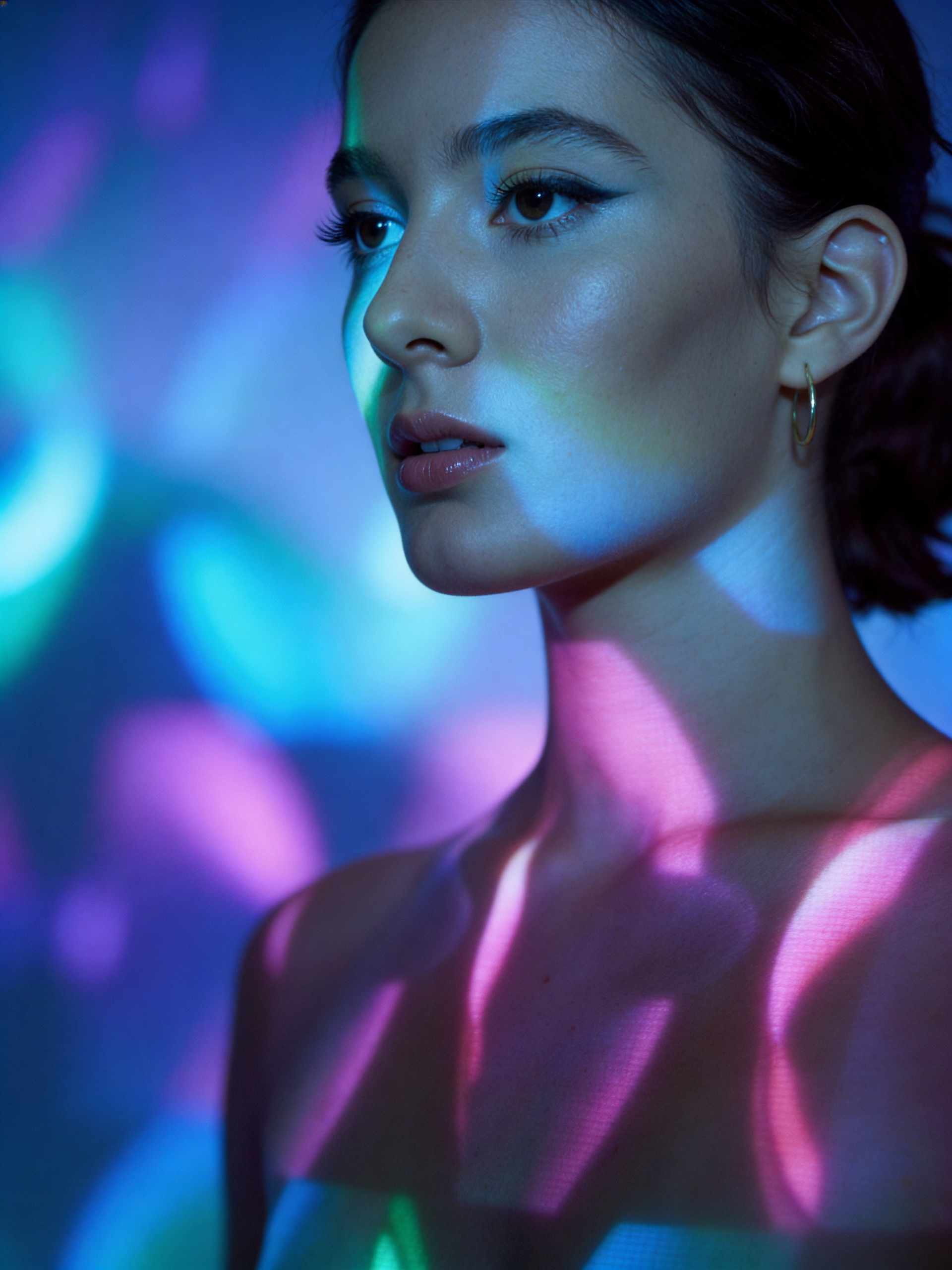 Editorial beauty headshot photographed with dramatic studio lighting.