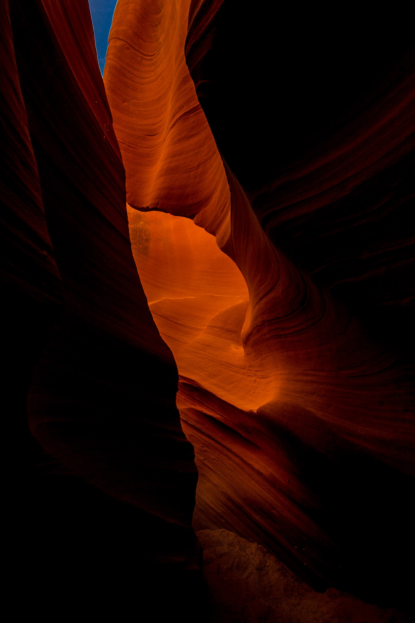 Red and orange sandstone curves inside Antelope Canyon with sunlight highlighting the carved rock formations.