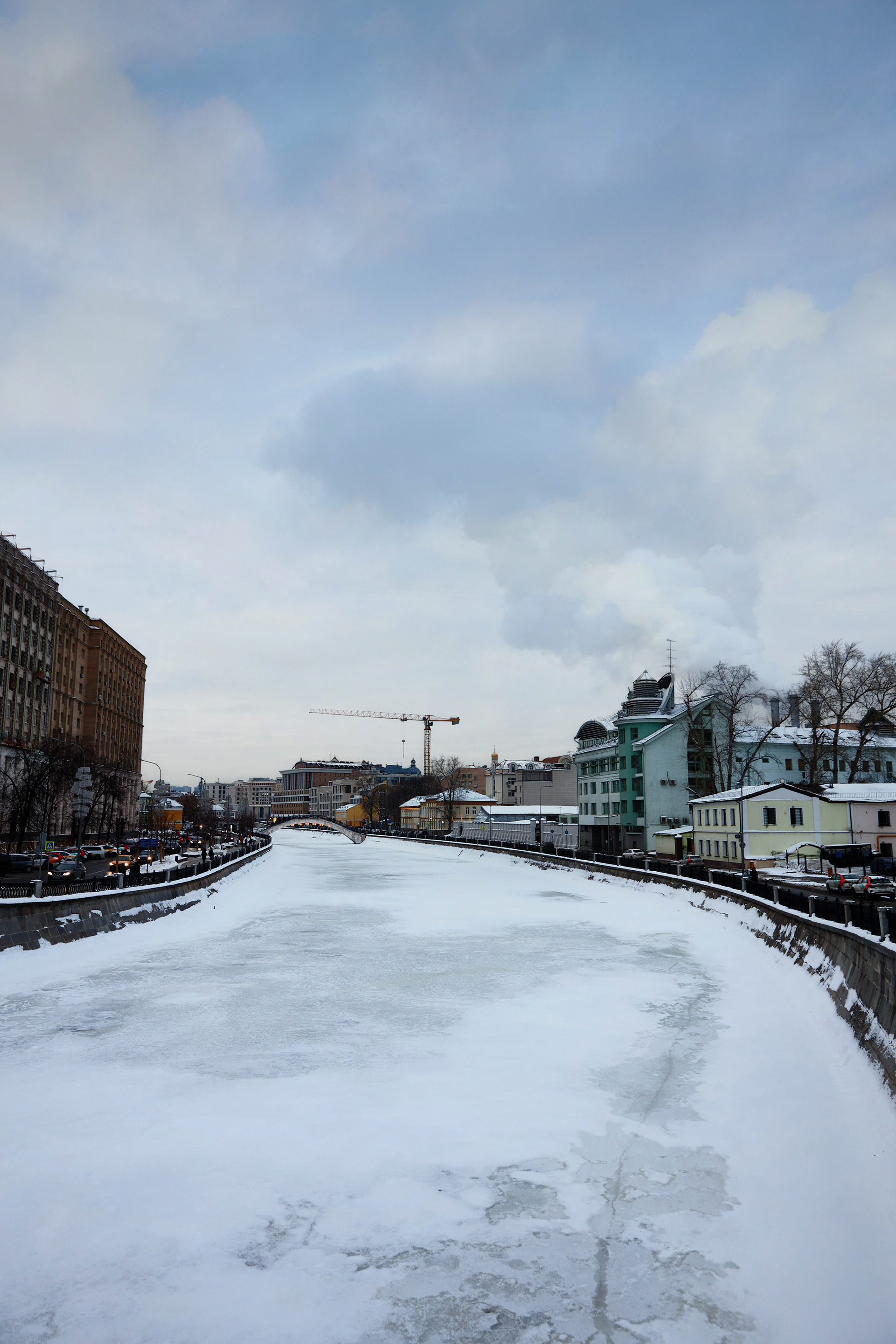 Frozen river Moscow Russia winter cloudy day urban landscape