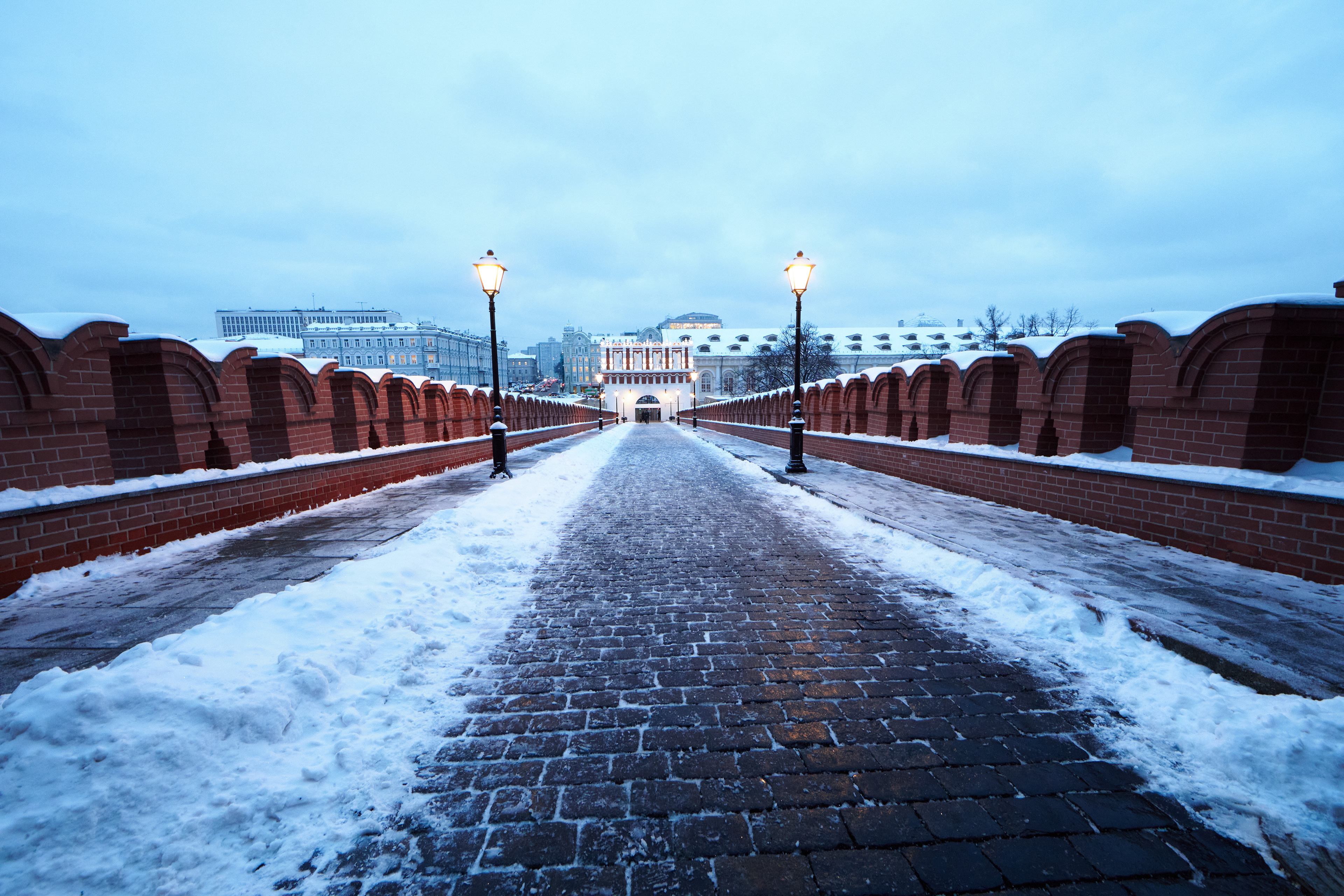 Troitskiy Bridge Moscow leading to Kremlin winter scene