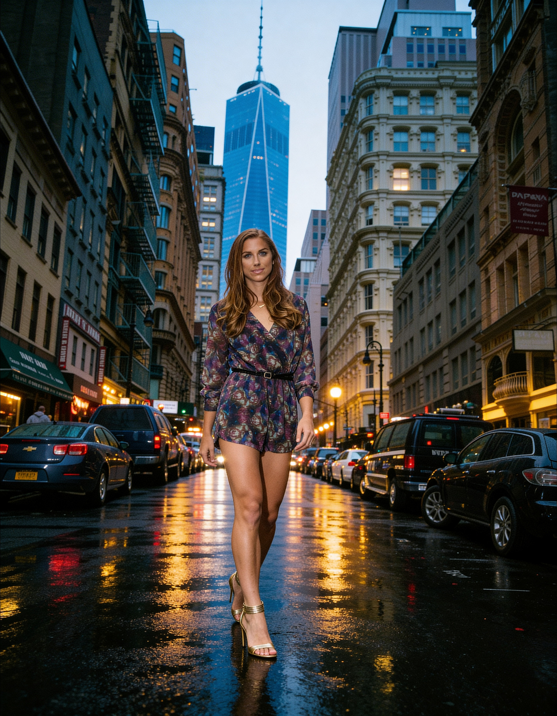 Full body portrait of Alex Morgan walking through a city street captured in natural light for editorial and PR use