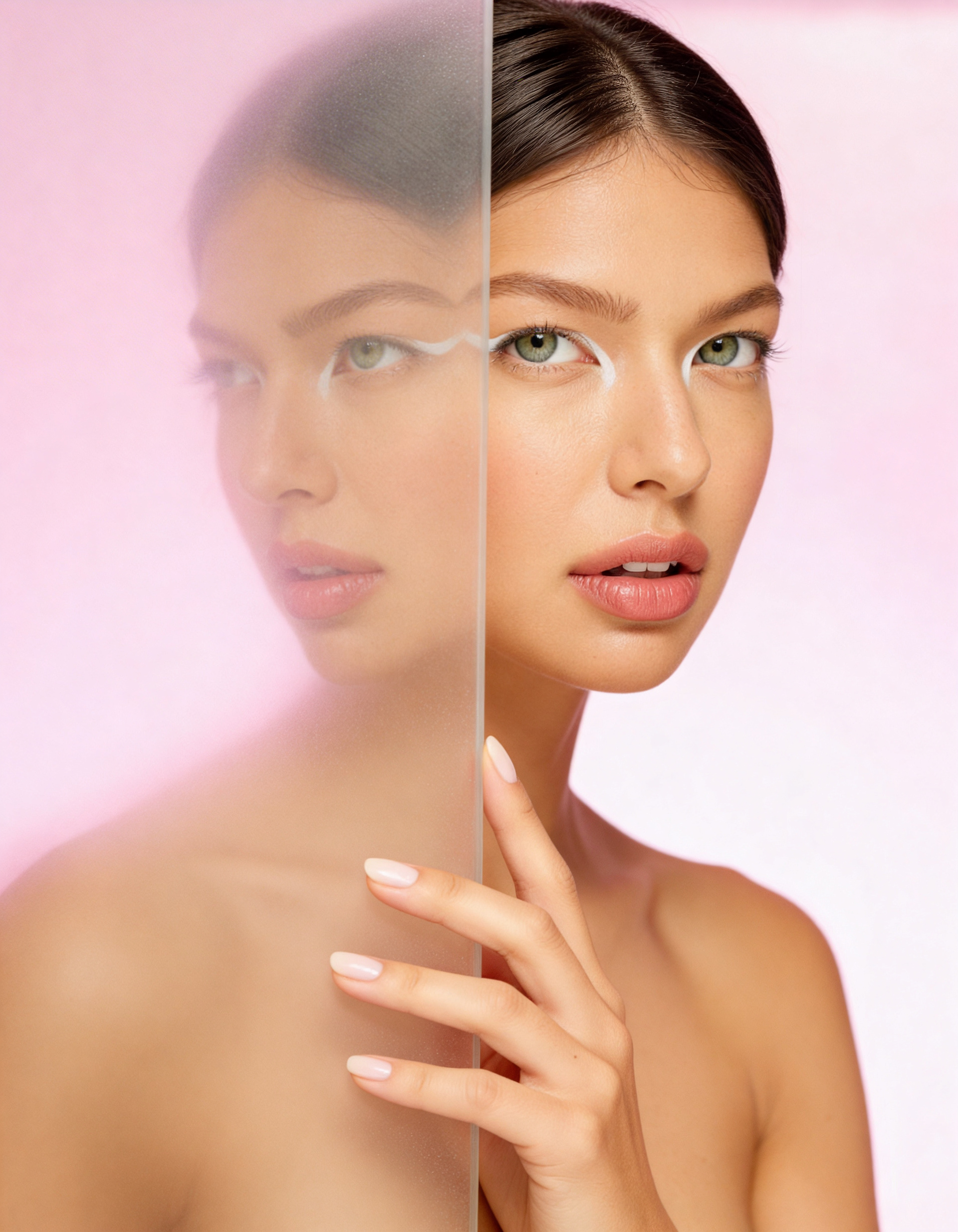 Beauty portrait of woman with reflective composition showing dual face perspectives