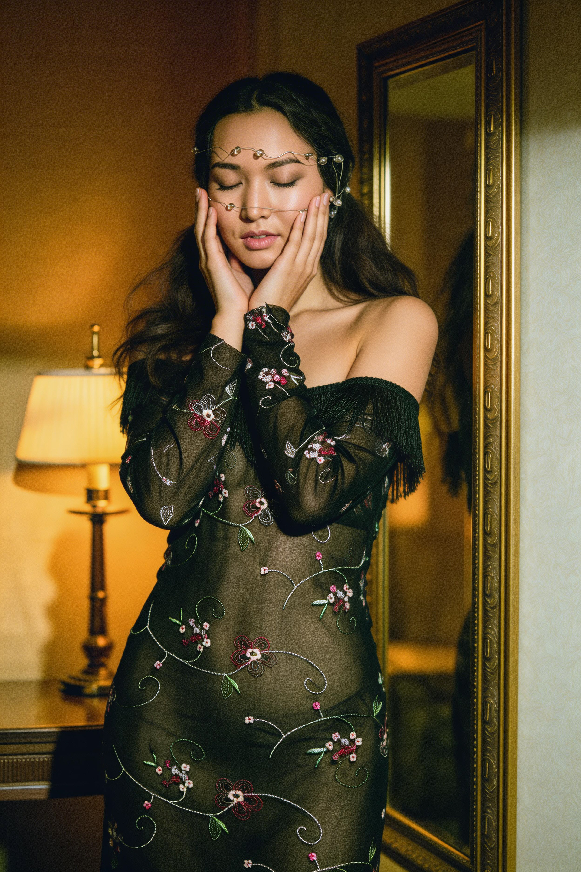 Luxury fashion portrait photographed with soft directional light in mansion room.