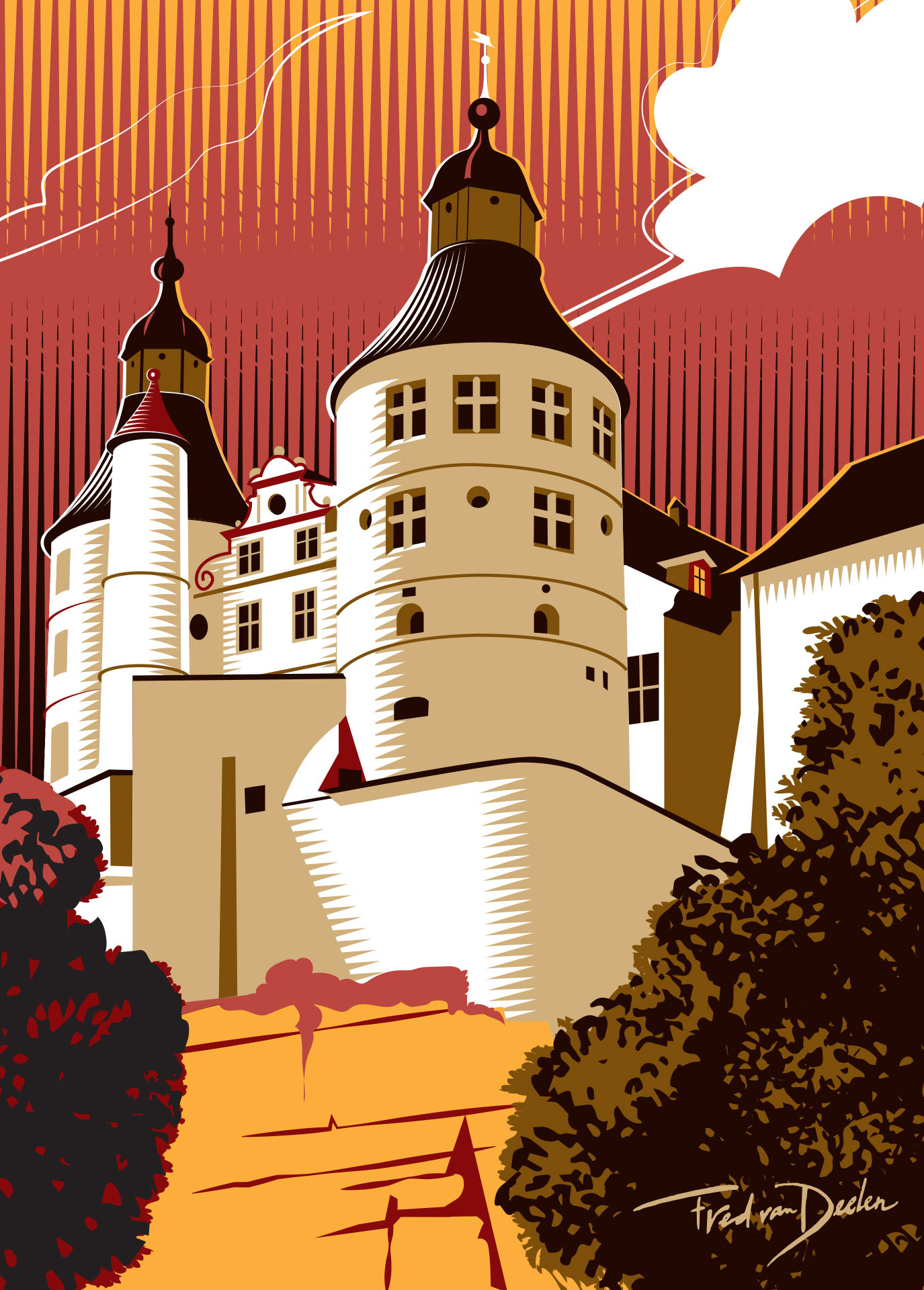 Stylised image of the Chateau of Montbéliard in France drawn by Illustrator Fred van Deelen at Arty2 Ltd.