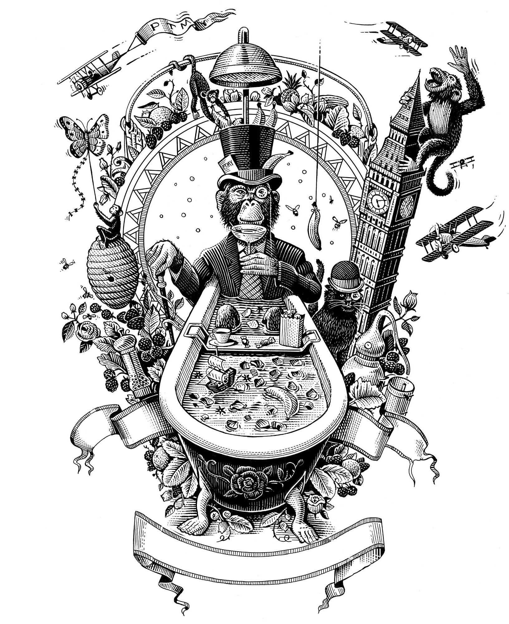 Pen and Ink drawing of a monkey in a bath wearing a top hat and drinking gin. Illustrated by Fred van Deelen for 'Pleased to Meet You' Gin Bar.