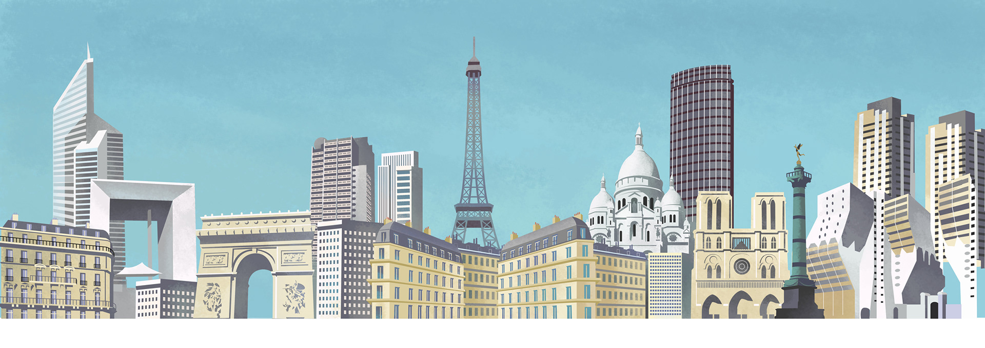 Digital artwork of many of the key buildings in Paris forming an imaginary sky-line. Illustration by Fred van Deelen at Arty2 Ltd for L'Express Magazine.