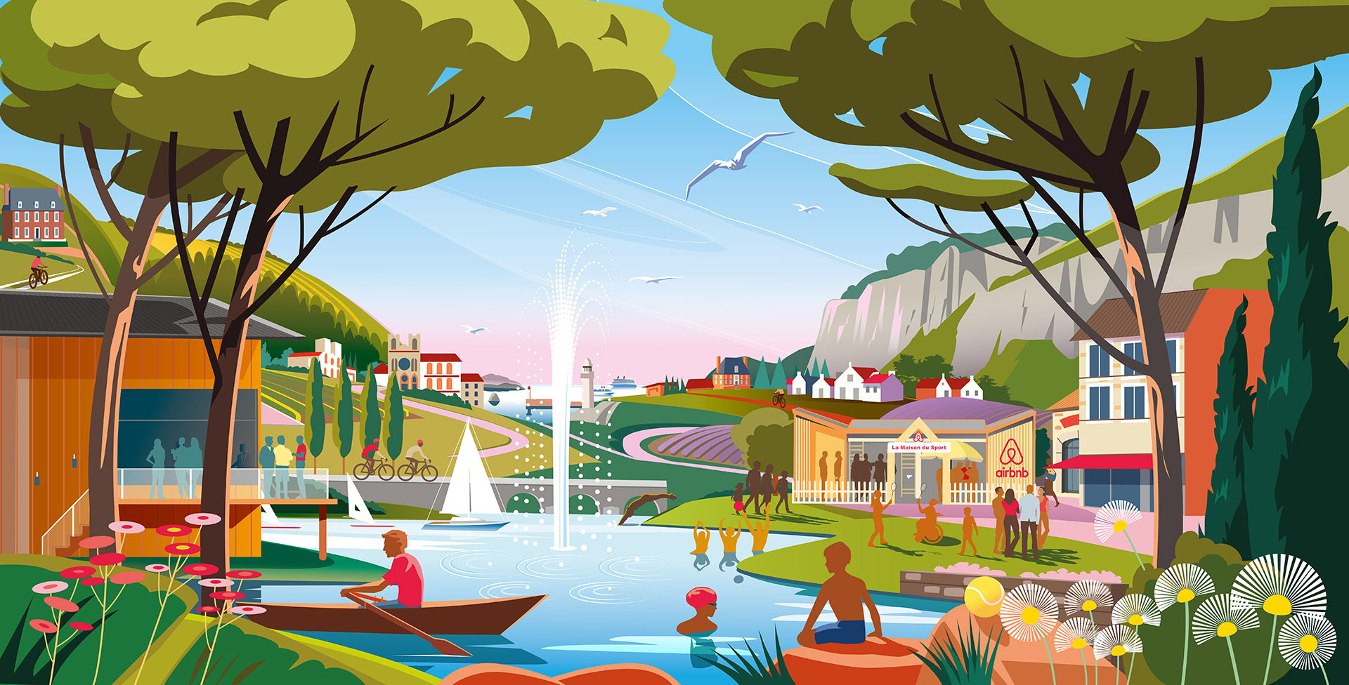 Digital artwork showing a summer landscape with people enjoying outside activities such as sailing, swimming and cycling for Airbnb, France