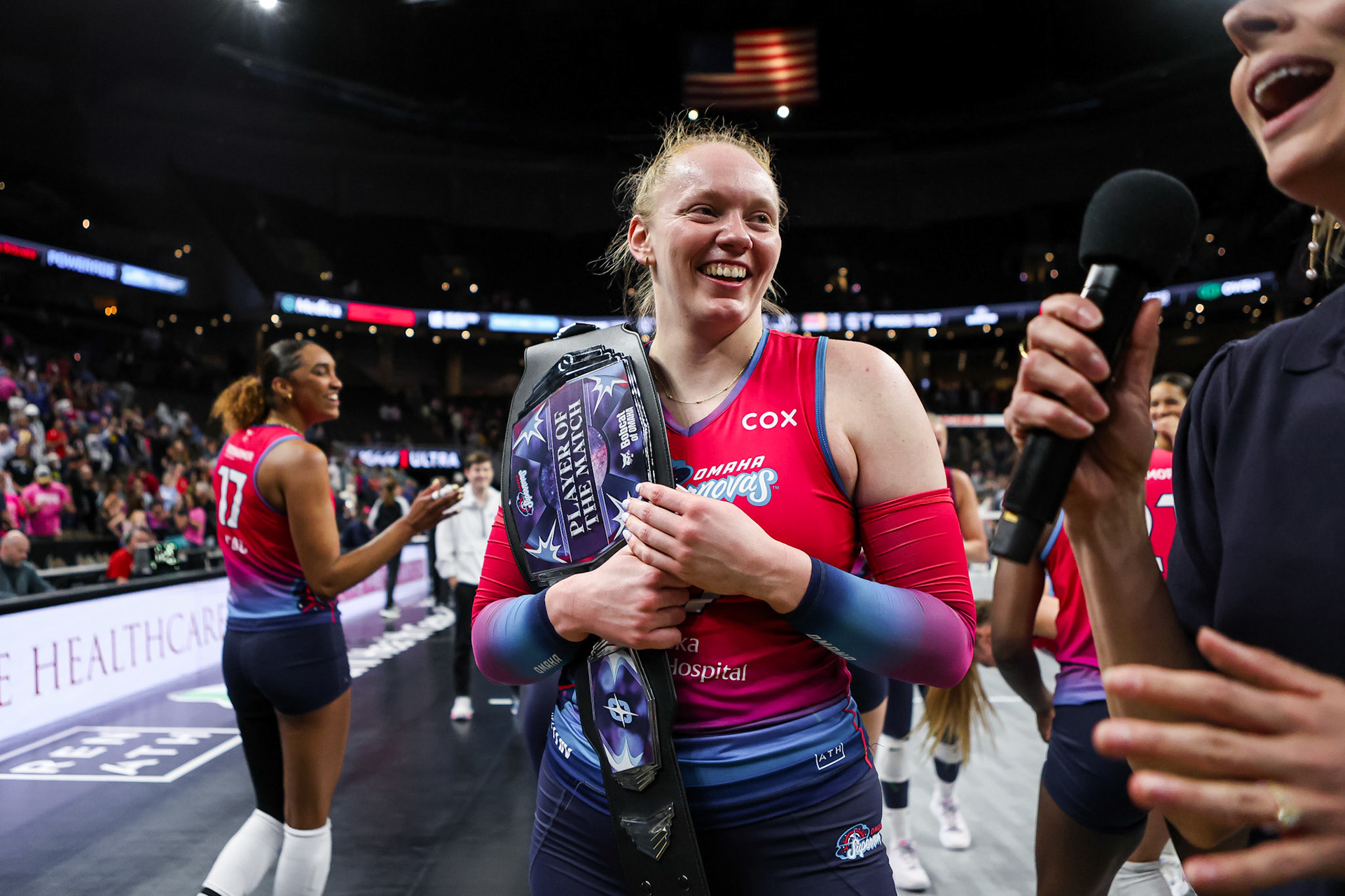 Emily Londot (27) of the Omaha Supernovas smiles during post game interview during a Major League Volleyball match against the Grand Rapids Rise held at CHI Health Center Omaha, Thursday, Mar. 20, 2026 in Omaha, Nebraska. (Photo by Abdoul Sow for Omaha Supernovas/Major League Volleyball)