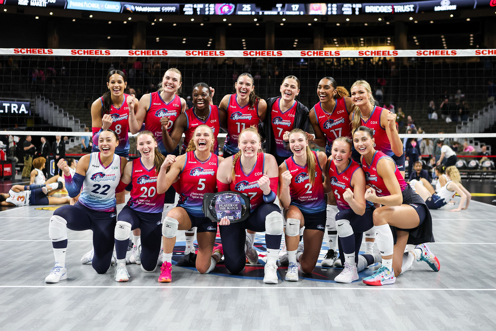 Omaha Supernovas pose for a team photo after a win during a Major League Volleyball match against the Grand Rapids Rise held at CHI Health Center Omaha, Thursday, Mar. 20, 2026 in Omaha, Nebraska. (Photo by Abdoul Sow for Omaha Supernovas/Major League Volleyball)