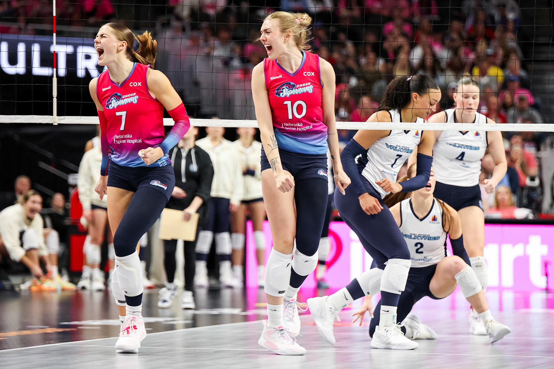 Norah (Sis) TeBrake (7) and Kiara Reinhardt (10) of the Omaha Supernovas reacting after a point during a Major League Volleyball match against the Orlando Valkyries held at CHI Health Center Omaha, Thursday, Feb. 15, 2026 in Omaha, Nebraska. (Photo by Abdoul Sow for Omaha Supernovas/Major League Volleyball)