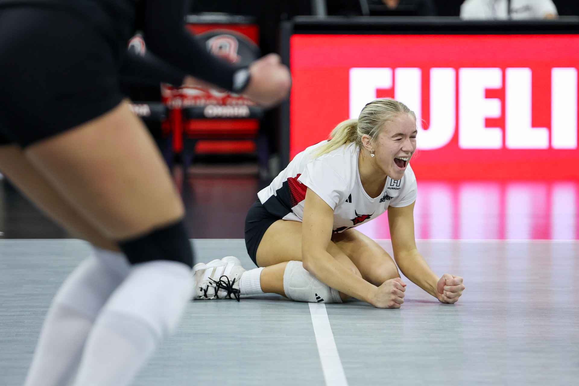 Omaha Mavericks Kate Schroetlin (15) celebrates a point during a college volleyball match against the South Dakota State Jackrabbits on Thursday, Oct. 1, 2026, at Baxter Arena in Omaha, Neb. Photo by Abdoul Sow.