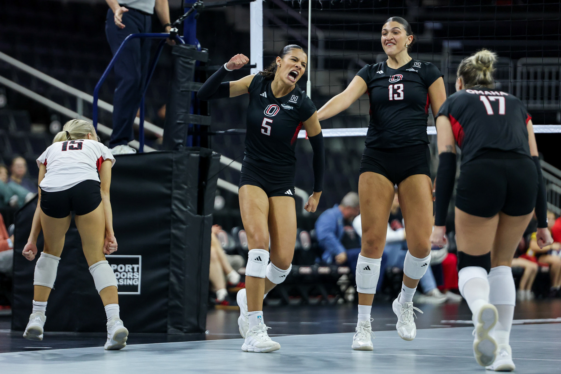 Omaha Mavericks Faith Venable (5) celebrates a point with teammates during a college volleyball match against the South Dakota State Jackrabbits on Thursday, Oct. 1, 2026, at Baxter Arena in Omaha, Neb. Photo by Abdoul Sow.
