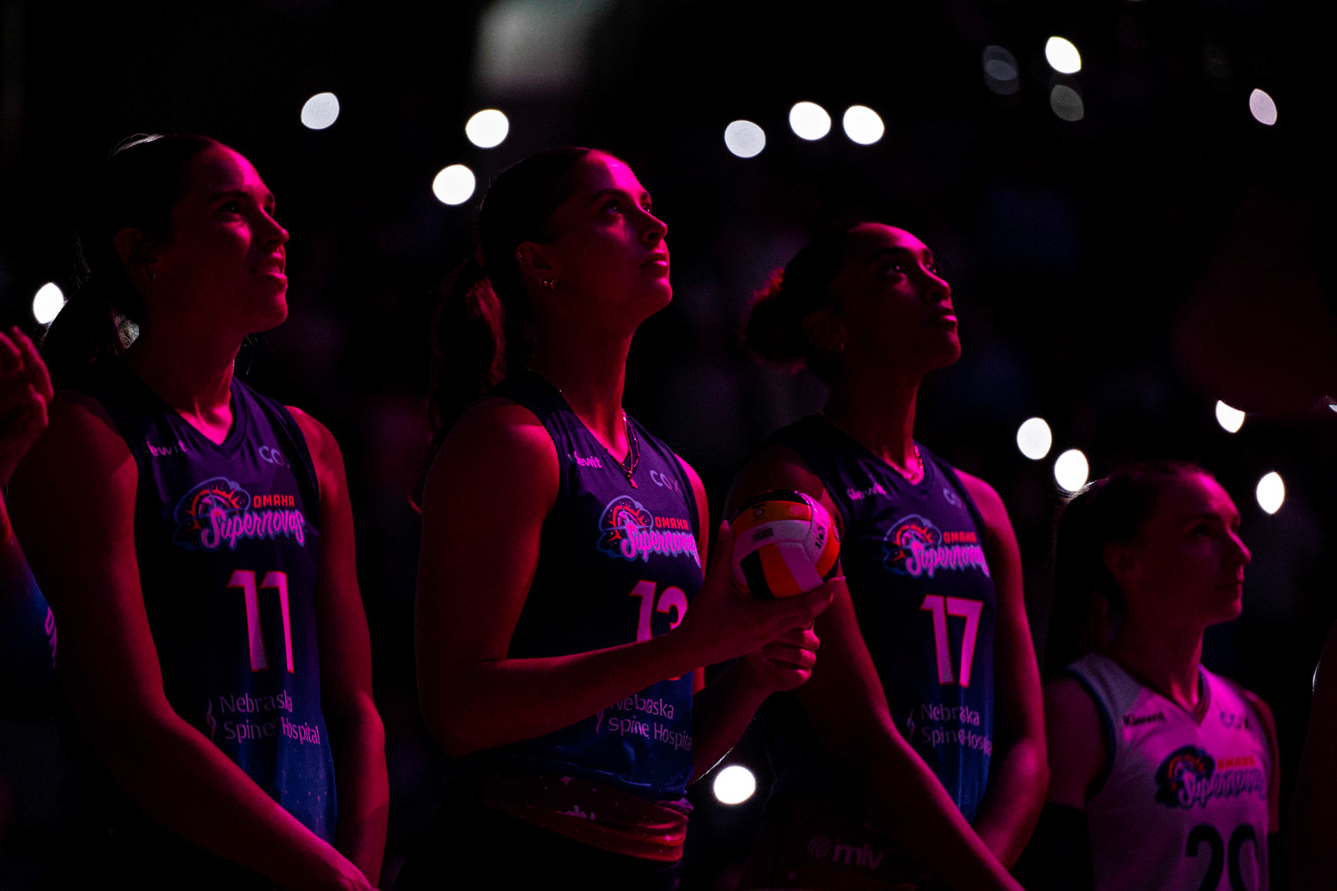 Merritt Beason (13) and Janice Leao (17) of the Omaha Supernovas look on pregame during a Pro Volleyball Federation match held at CHI Health Center Omaha, Thursday, Feb. 12, 2026 in Omaha, Nebraska. (Photo by Abdoul Sow for Omaha Supernovas/Pro Volleyball Federation)
