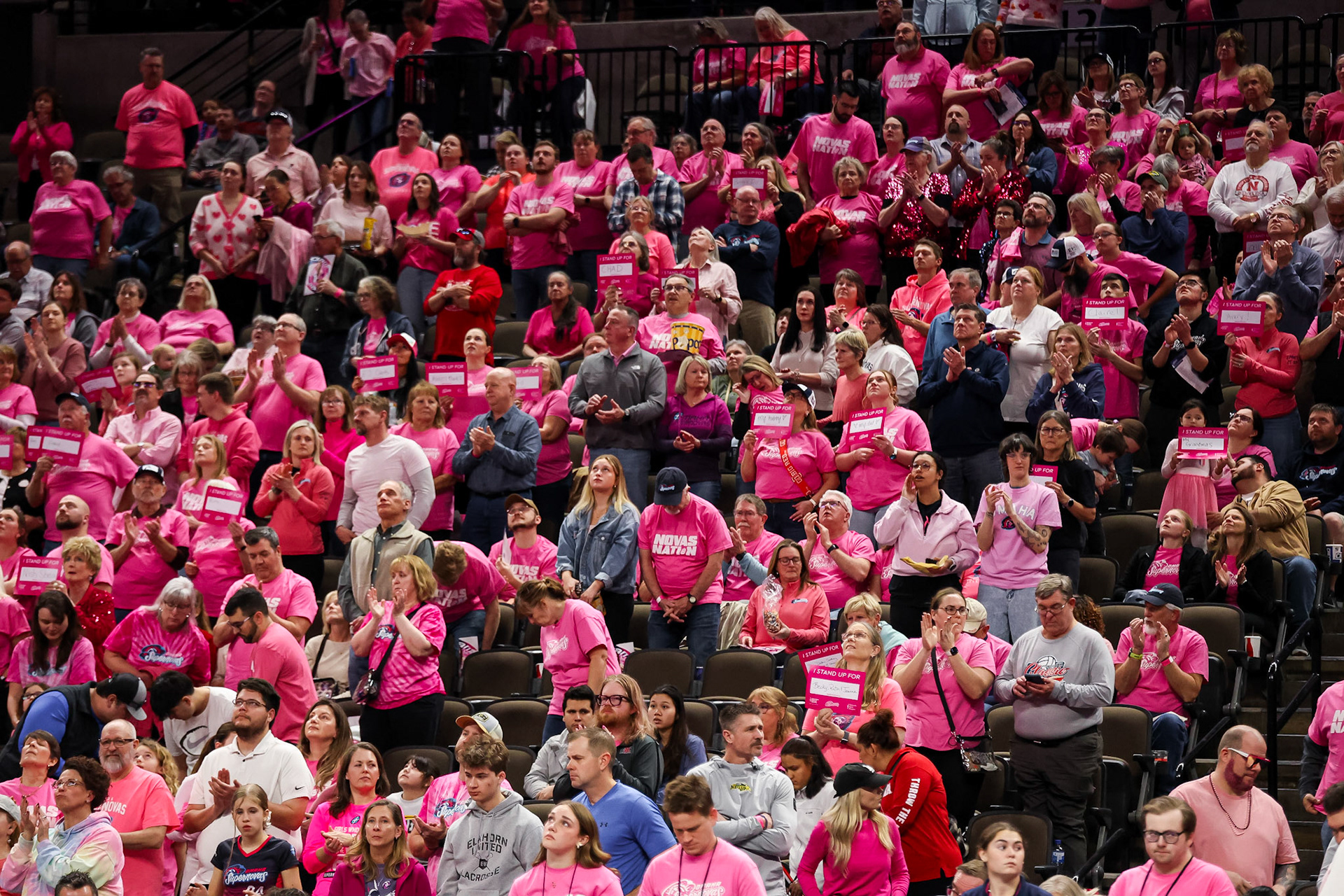 Fans raise signs in support of breast cancer awareness   during a Major League Volleyball match between the Omaha Supernovas and the Orlando Valkyries held at CHI Health Center Omaha, Thursday, Feb. 15, 2026 in Omaha, Nebraska. (Photo by Abdoul Sow for Omaha Supernovas/Major League Volleyball)