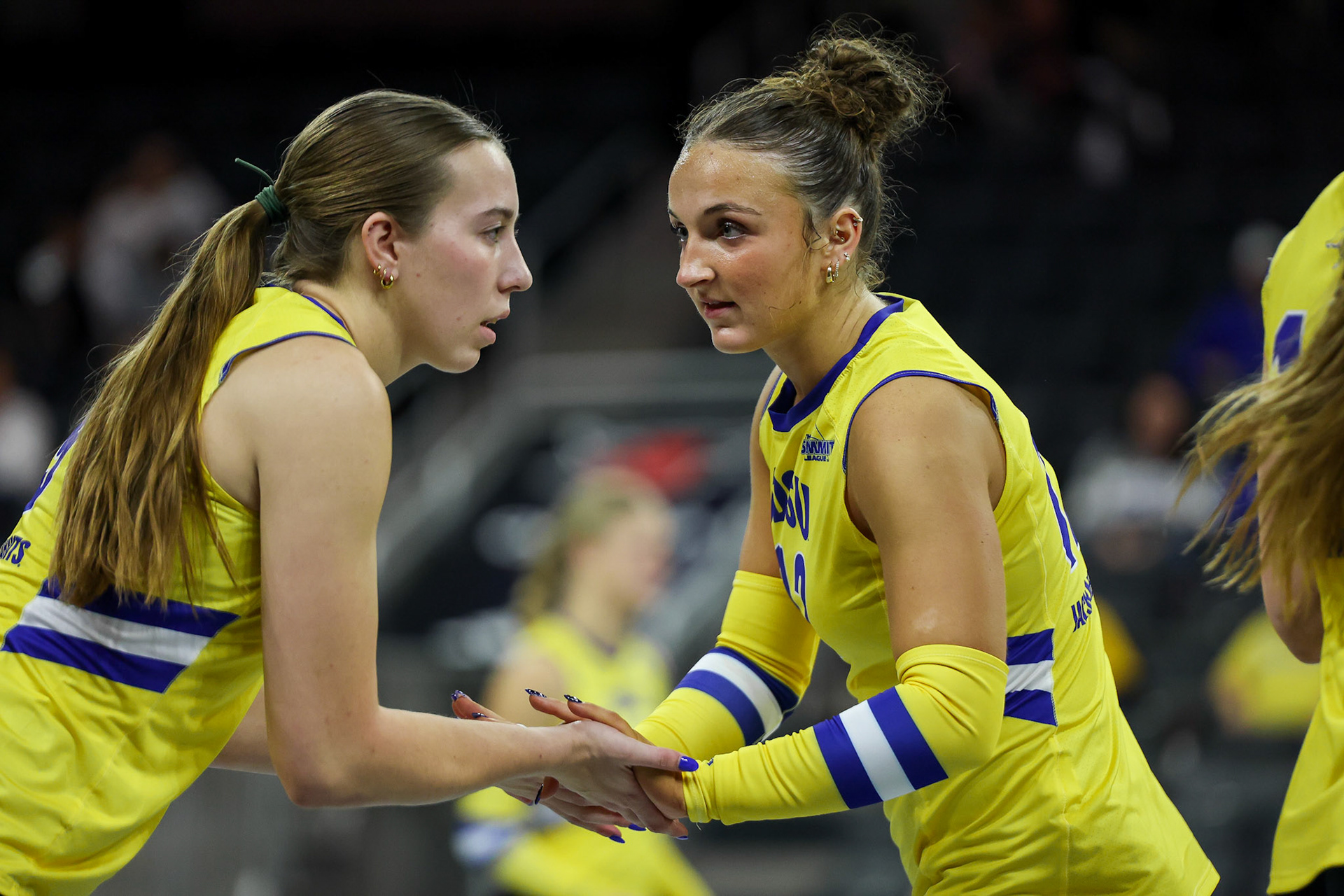 South Dakota State Jackrabbits Brooke Larsen (12) celebrates a point with a teammate during a match against the Omaha Mavericks on Thursday, Oct. 1, 2026, at Baxter Arena in Omaha, Neb. Photo by Abdoul Sow.