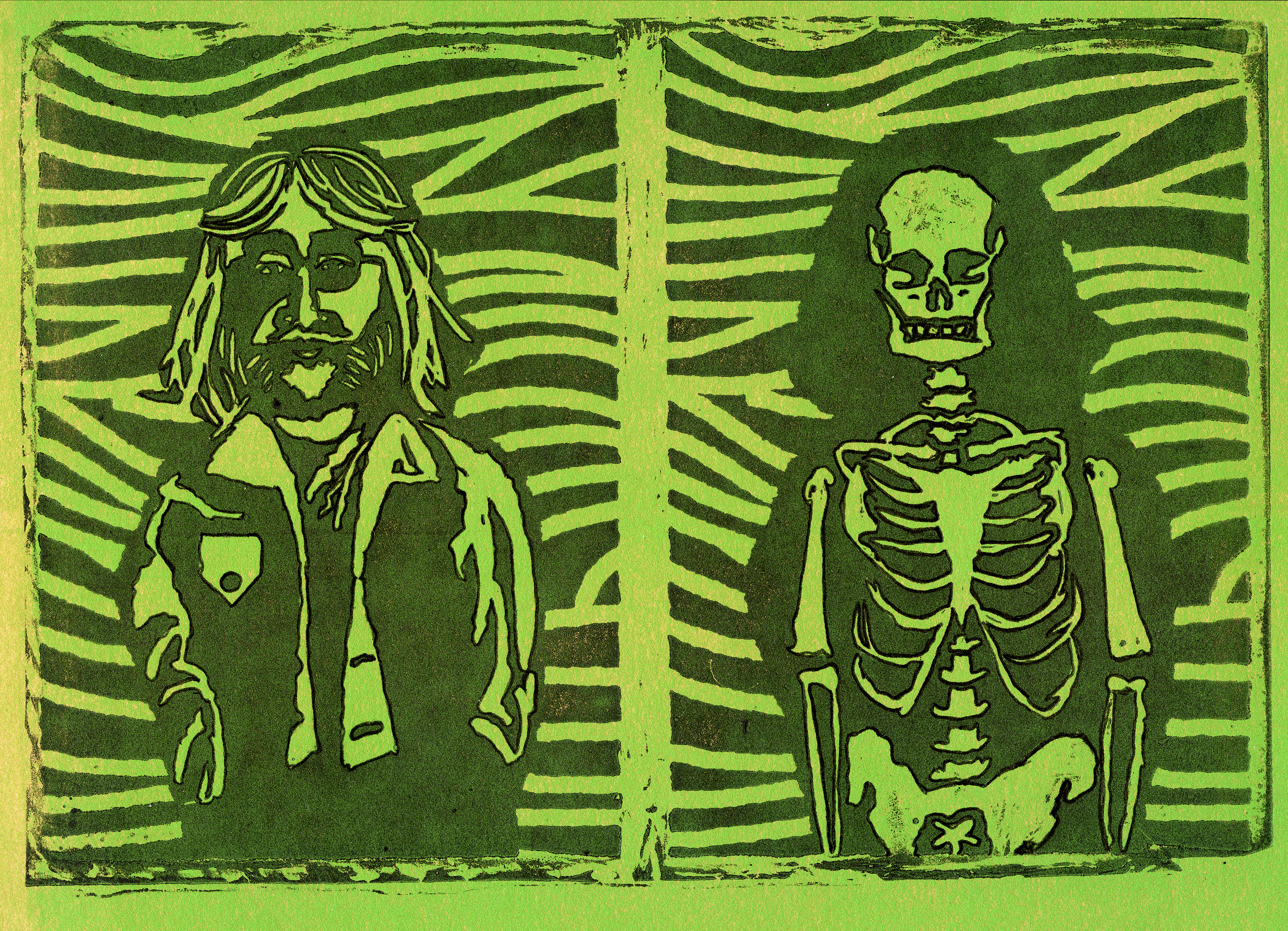 Bones, Uneditioned printing with green ink on brown paper