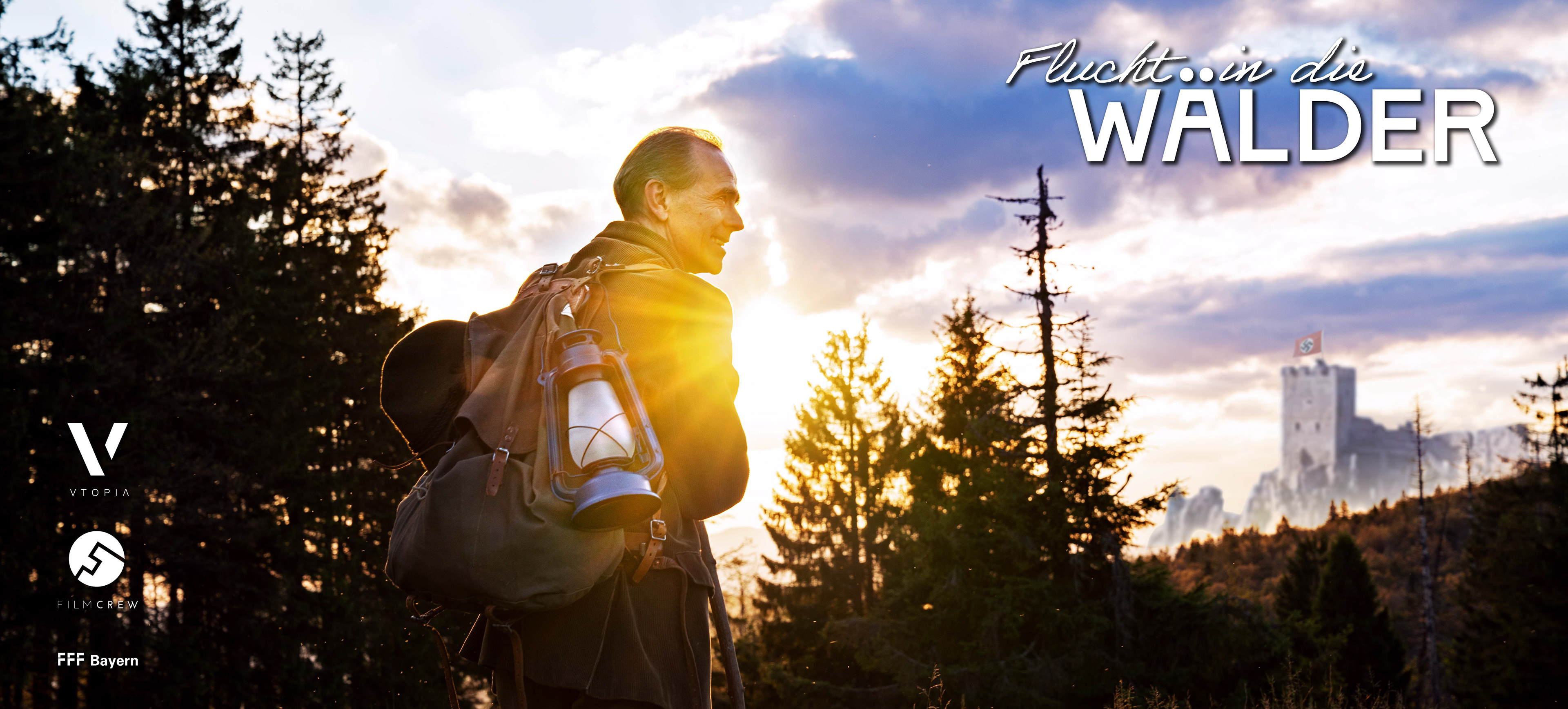 A hiker with an oil lamp stands in nature. In the background a castle with a swastica flag.
