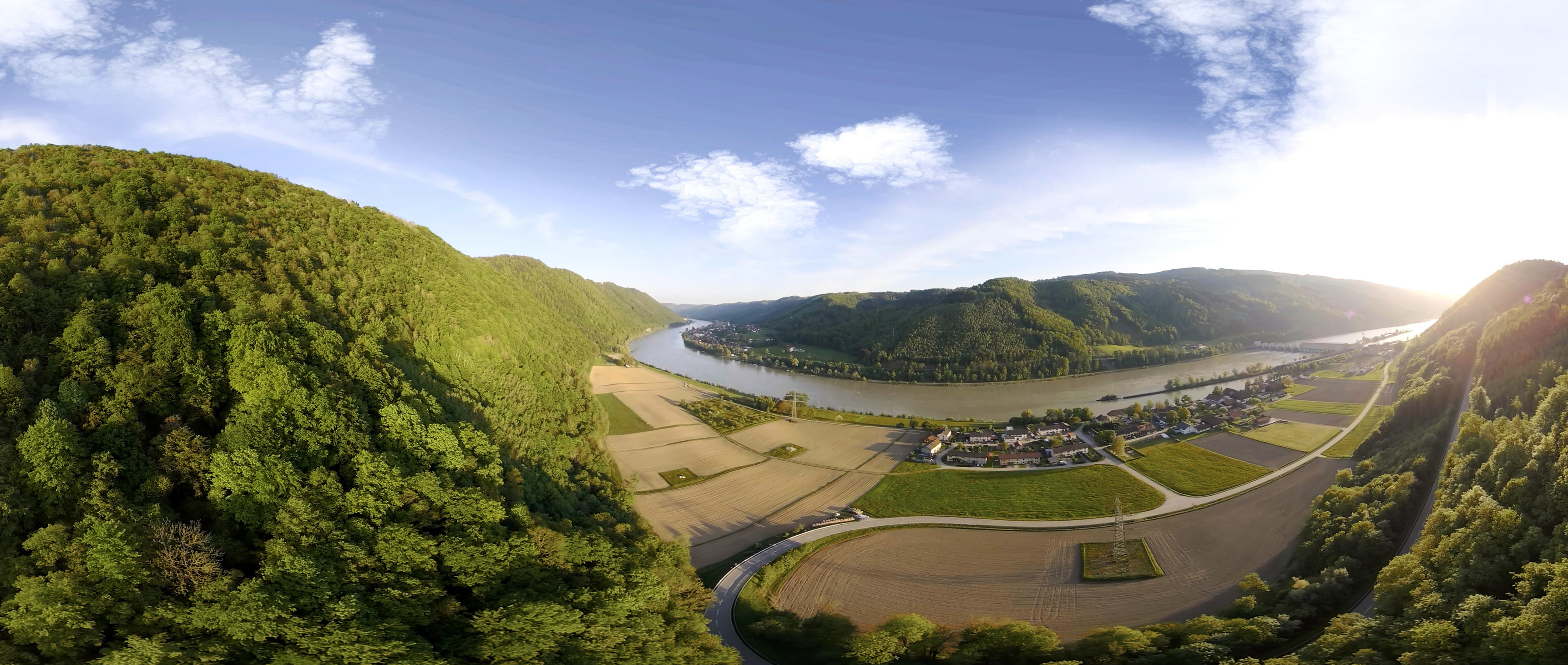 panoramic view from a drone to the river Donau near Haus am Strom
