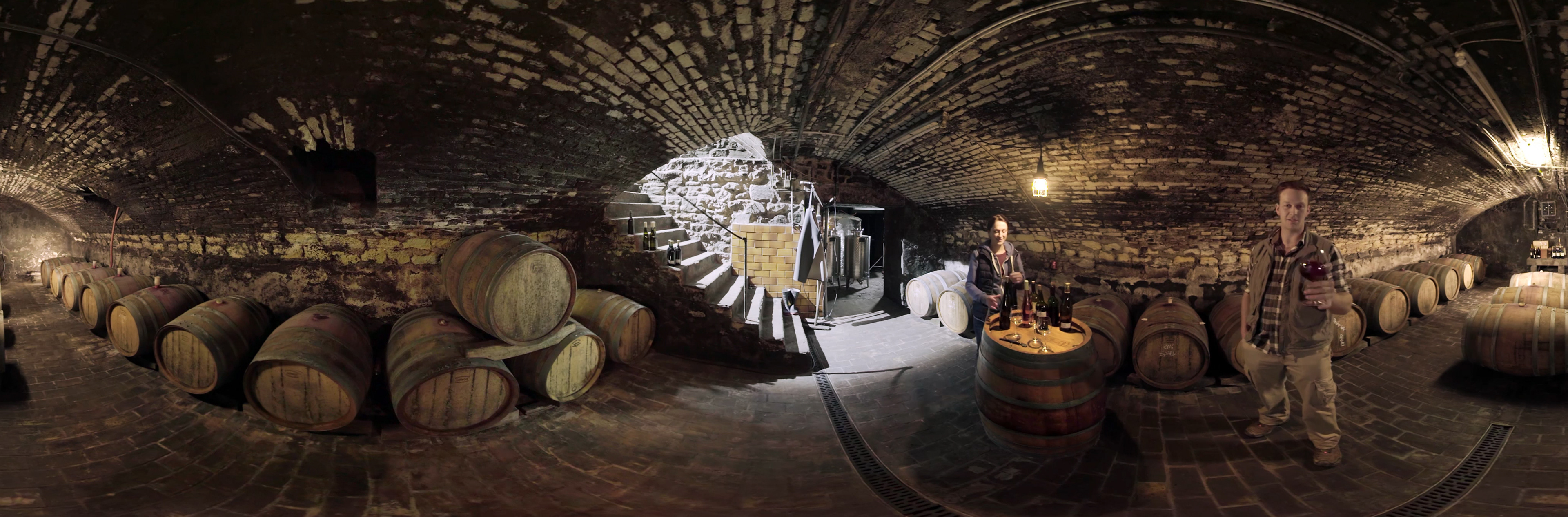 Enjoying a wine sample in the wine cellar