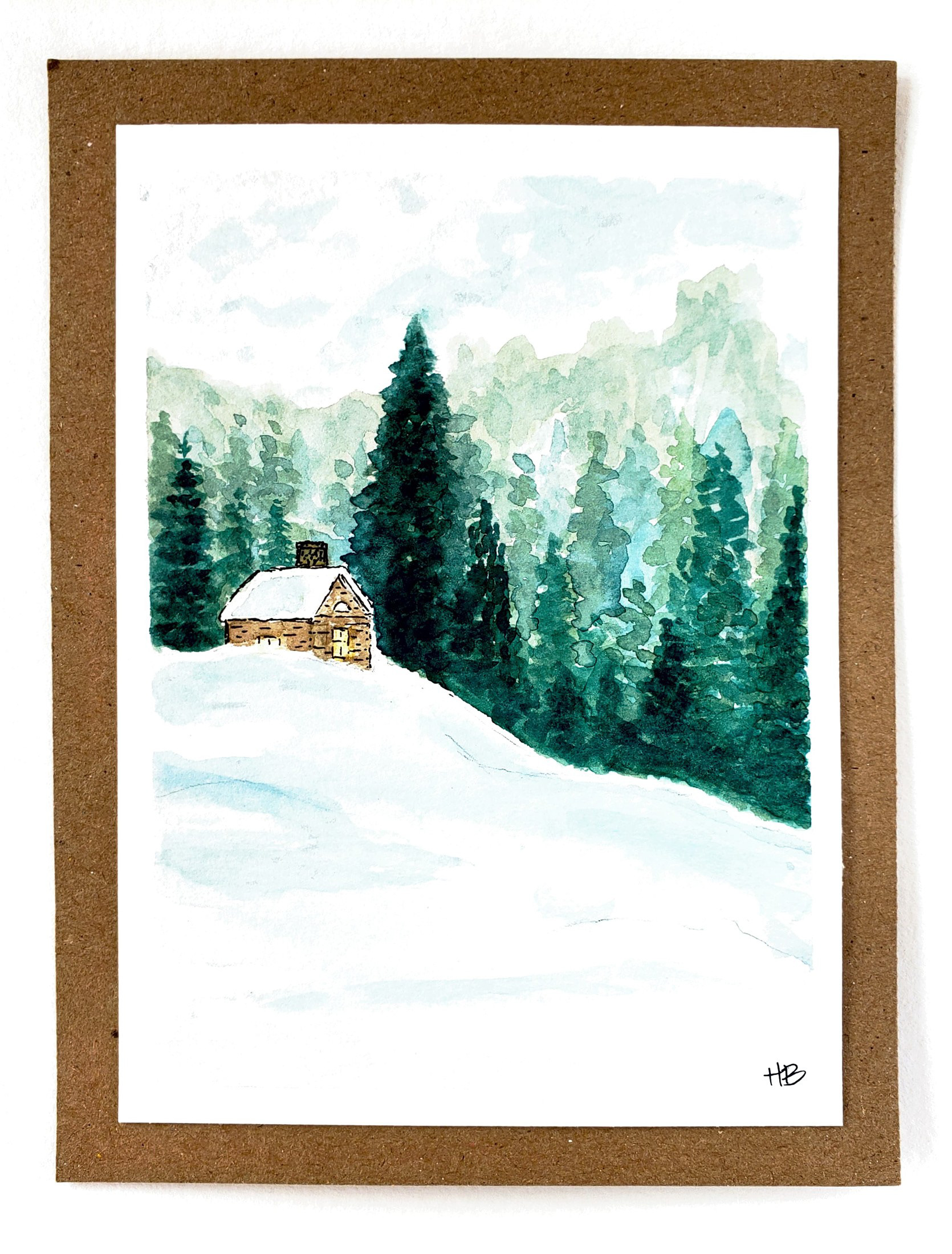 Snowy Cabin on a HIll Watercolor (Etsy)