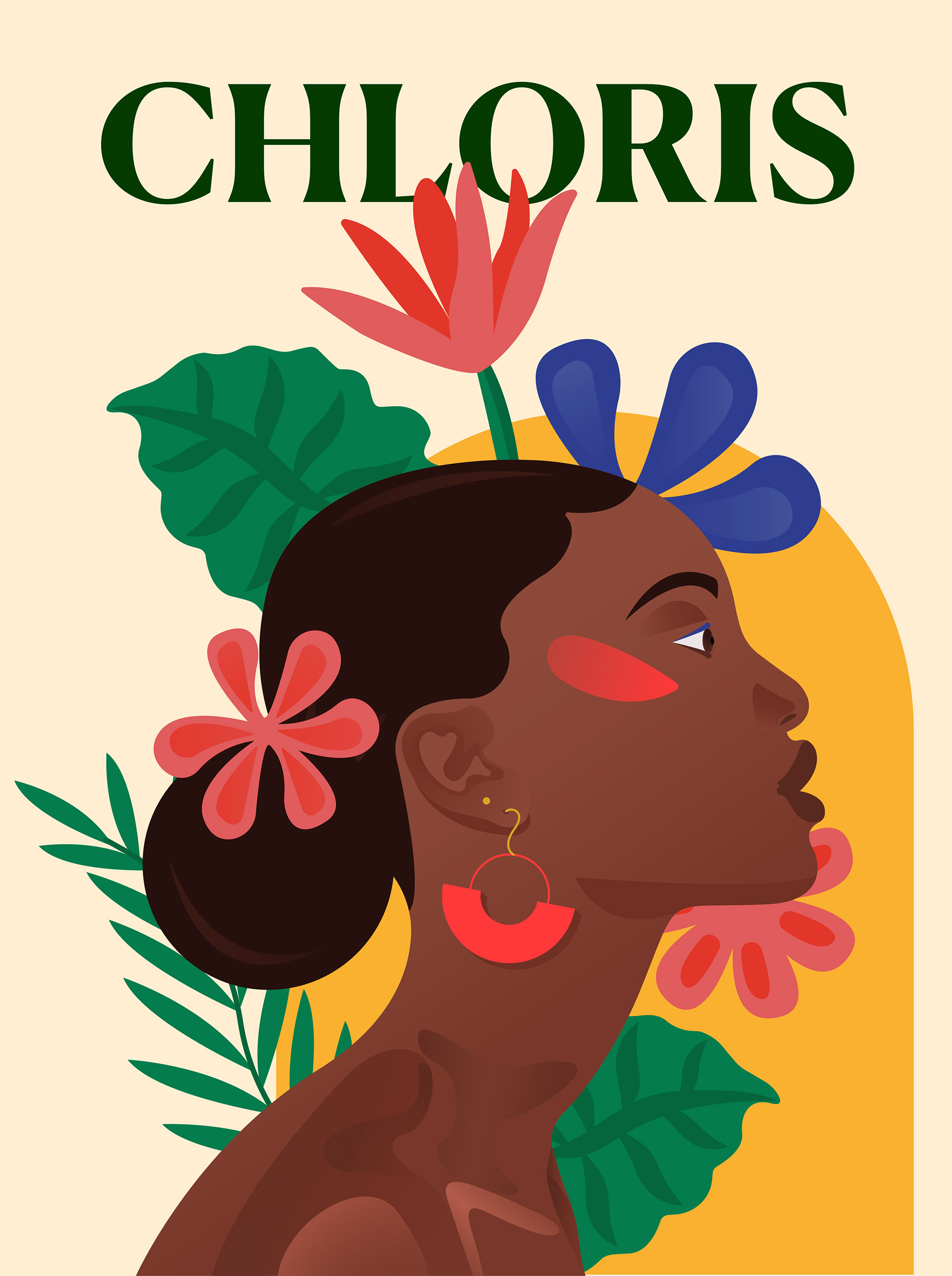 Chloris est une nymphe grecque de la mythologie antique, souvent associée à la flore et à la végétation. Elle est considérée comme la déesse des fleurs et des plantes, et est souvent représentée comme une jeune fille couronnée de fleurs, tenant un bouquet ou un panier de fleurs dans ses mains. Les poètes antiques la décrivent comme une créature gracieuse et charmante, dotée d'une grande expertise dans l'art de cultiver les jardins et les champs.