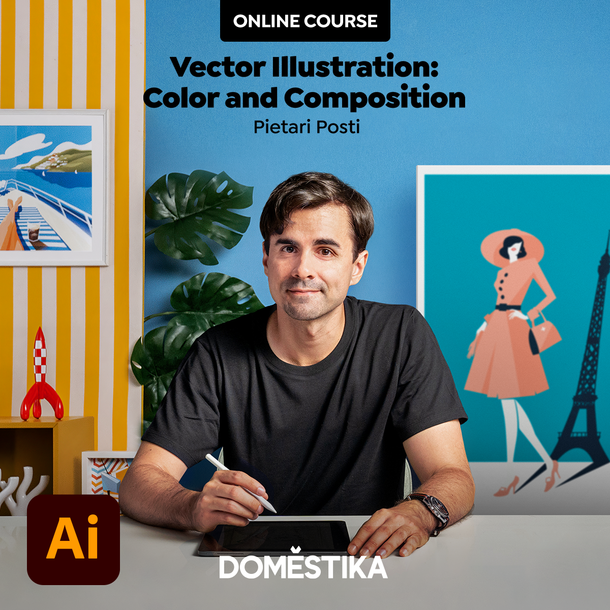 Portrait of Pietari Posti, Finnish illustrator and founder of Studio Posti, promoting his Domestika illustration course on dynamic color, composition, and vector art.