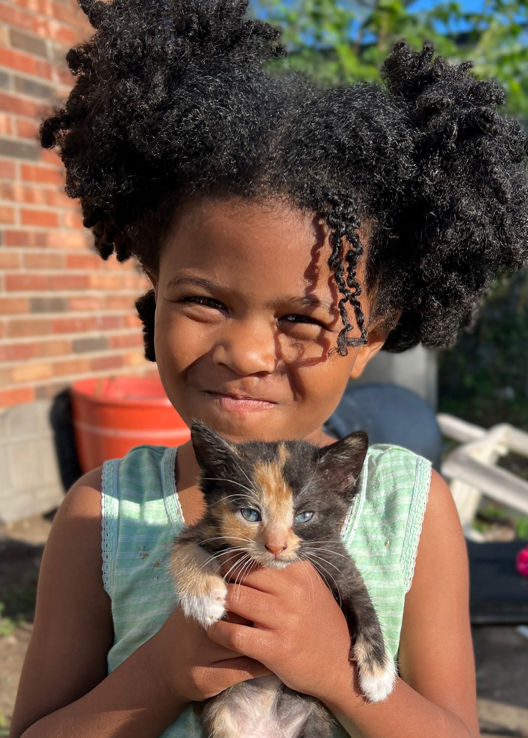 The face of a cat advocate. This girl and her family are caring for the unowned community cats in their downtown neighborhood. Indy Neighborhood Cats is working with the family to get all of the cats spayed, neutered, and vaccinated. The family is ensuring that all the kittens have a safe place until they are weaned, socialized, and old enough for adoption.