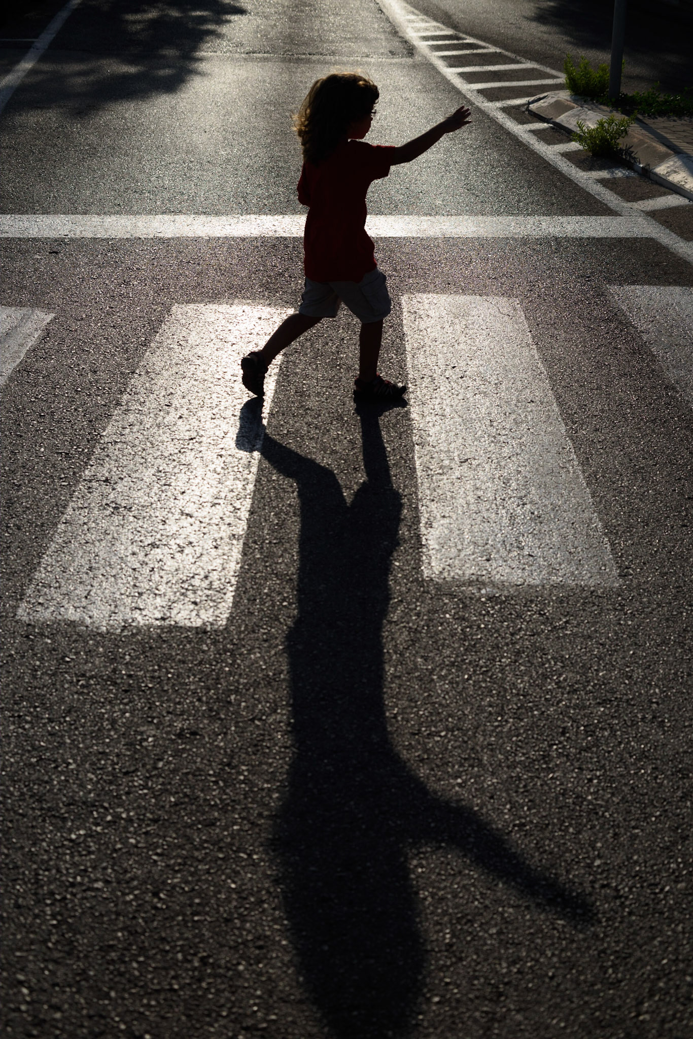 FouKababir, Haifar year old crossing the street with arm raised, 'Canadian style', on way to school in Kababir, Haifa #FourYearOld #Crosswalk #Haifa #MorningSun #FirstRays #LongShadow #MyPalestine