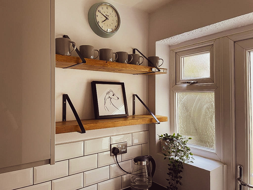 Bespoke, reclaimed chunky kitchen shelving