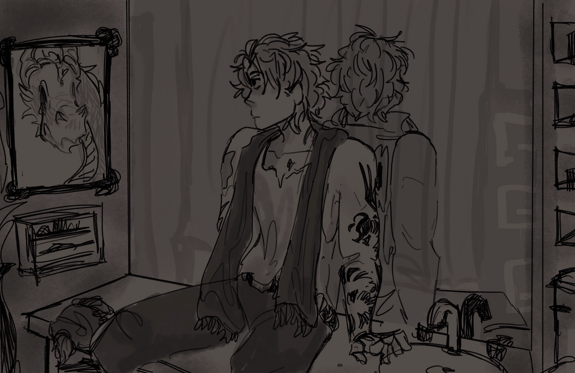 Concept scene of G.D. alone in the bathroom.