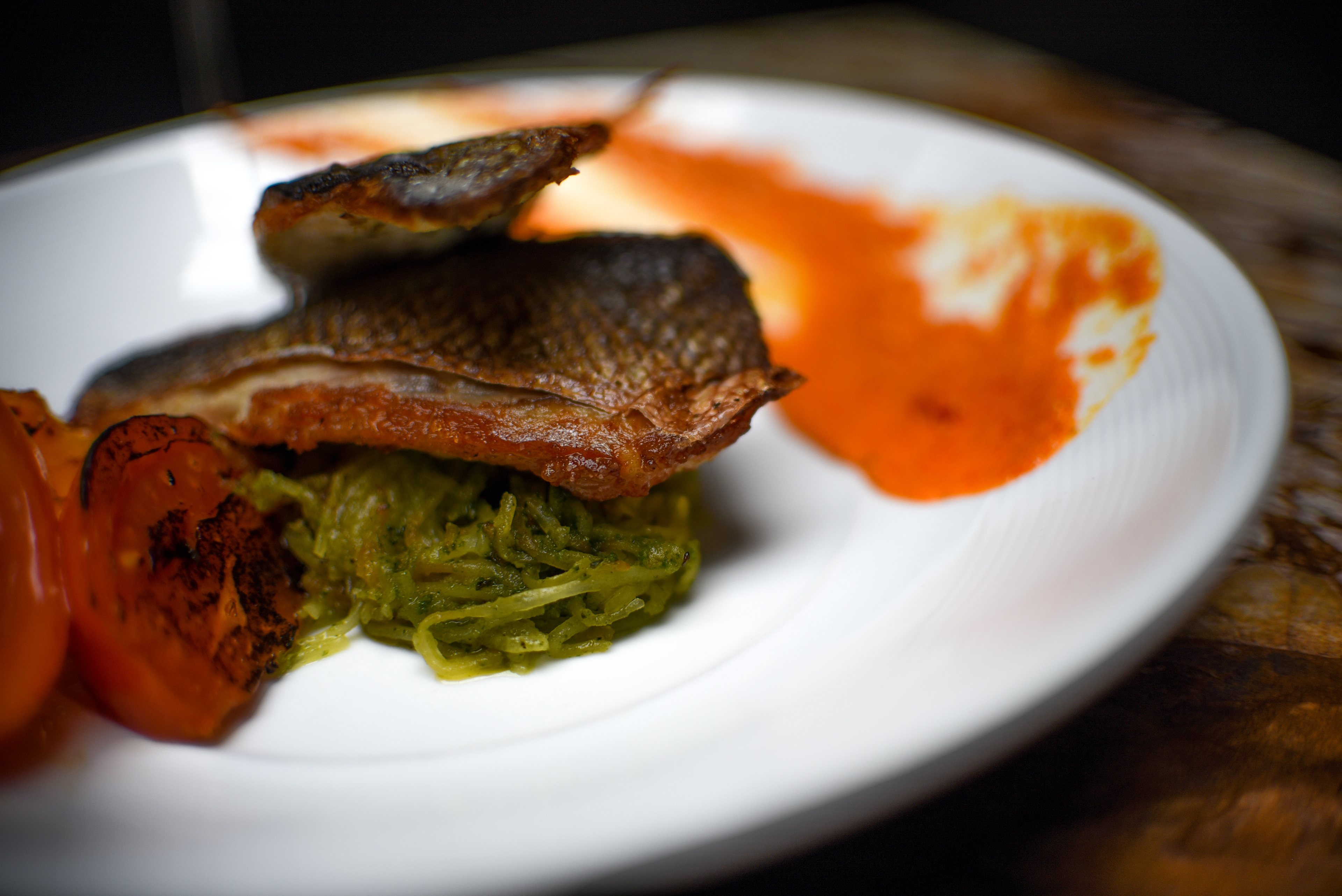 BRONZINI - Peppadew romesco, blistered heirloom tomato, roasted squash