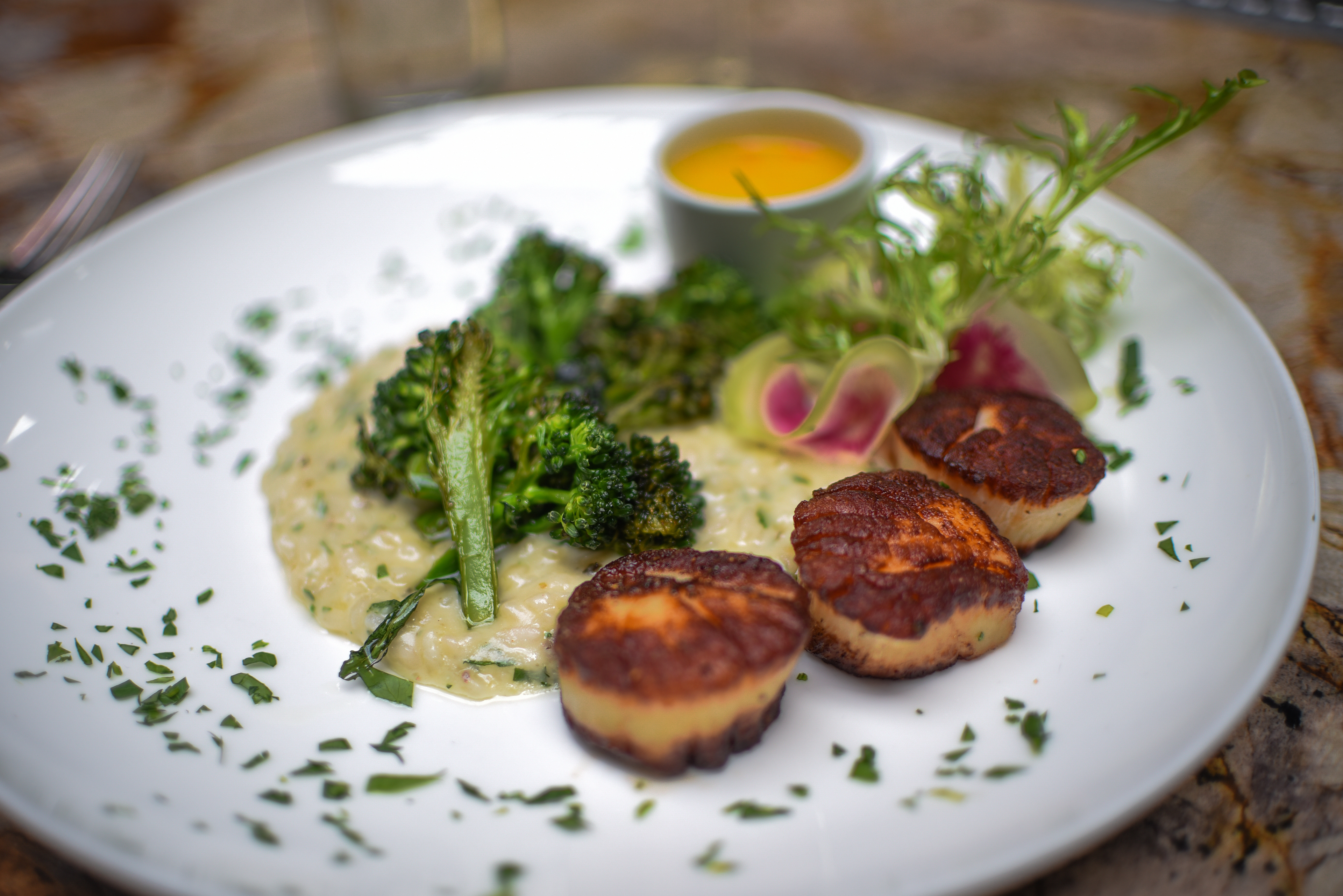 SEARED SCALLOPS - Wild mushroom risotto, sautéed broccolini, yuzu beurre blanc