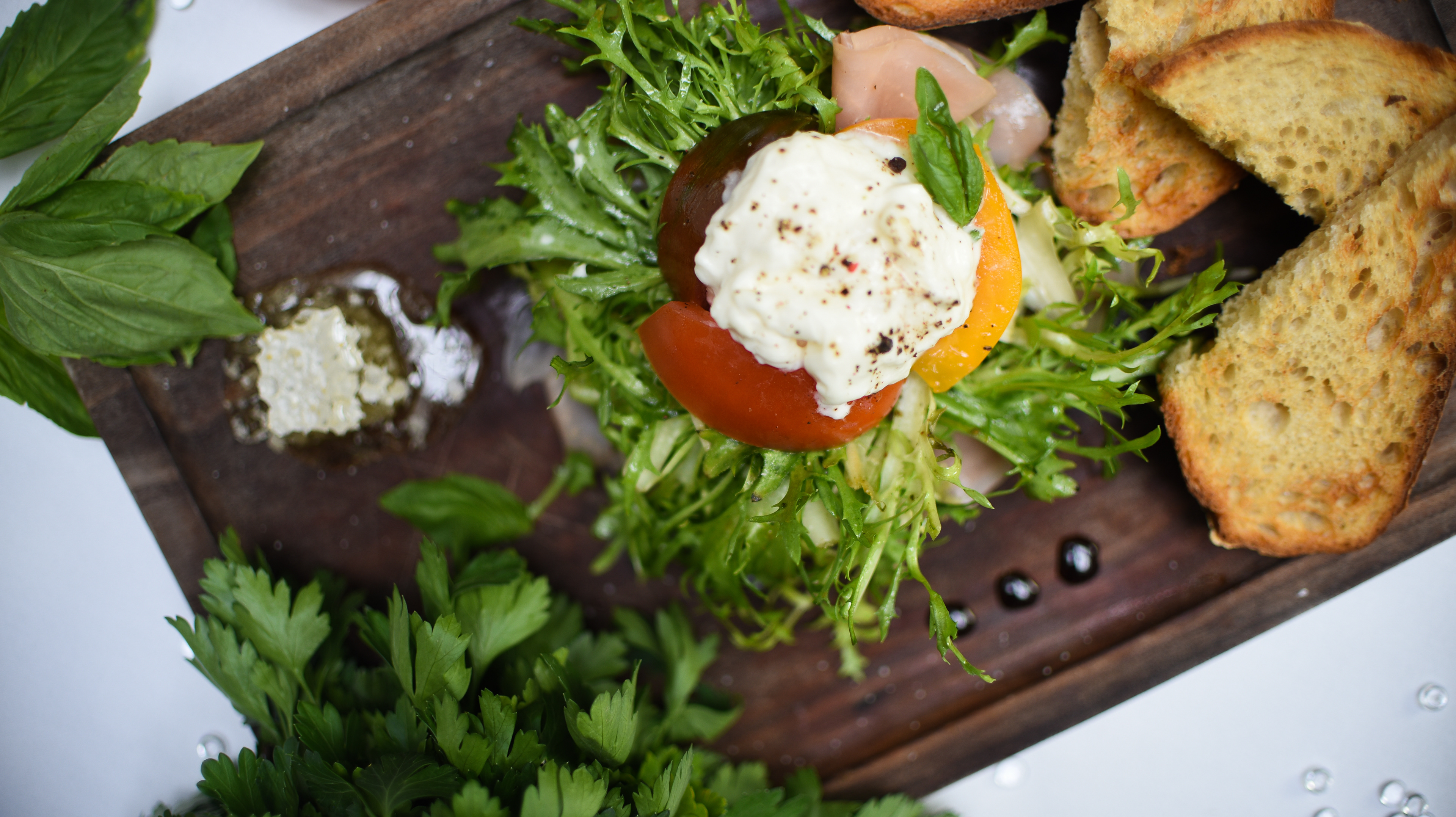 Basil Beets and Burrata Candy stripe beets, frisbee, Heaven’s Honeycomb, Hibiscus Redux, Grilled Sourdough (VEGETARIAN)