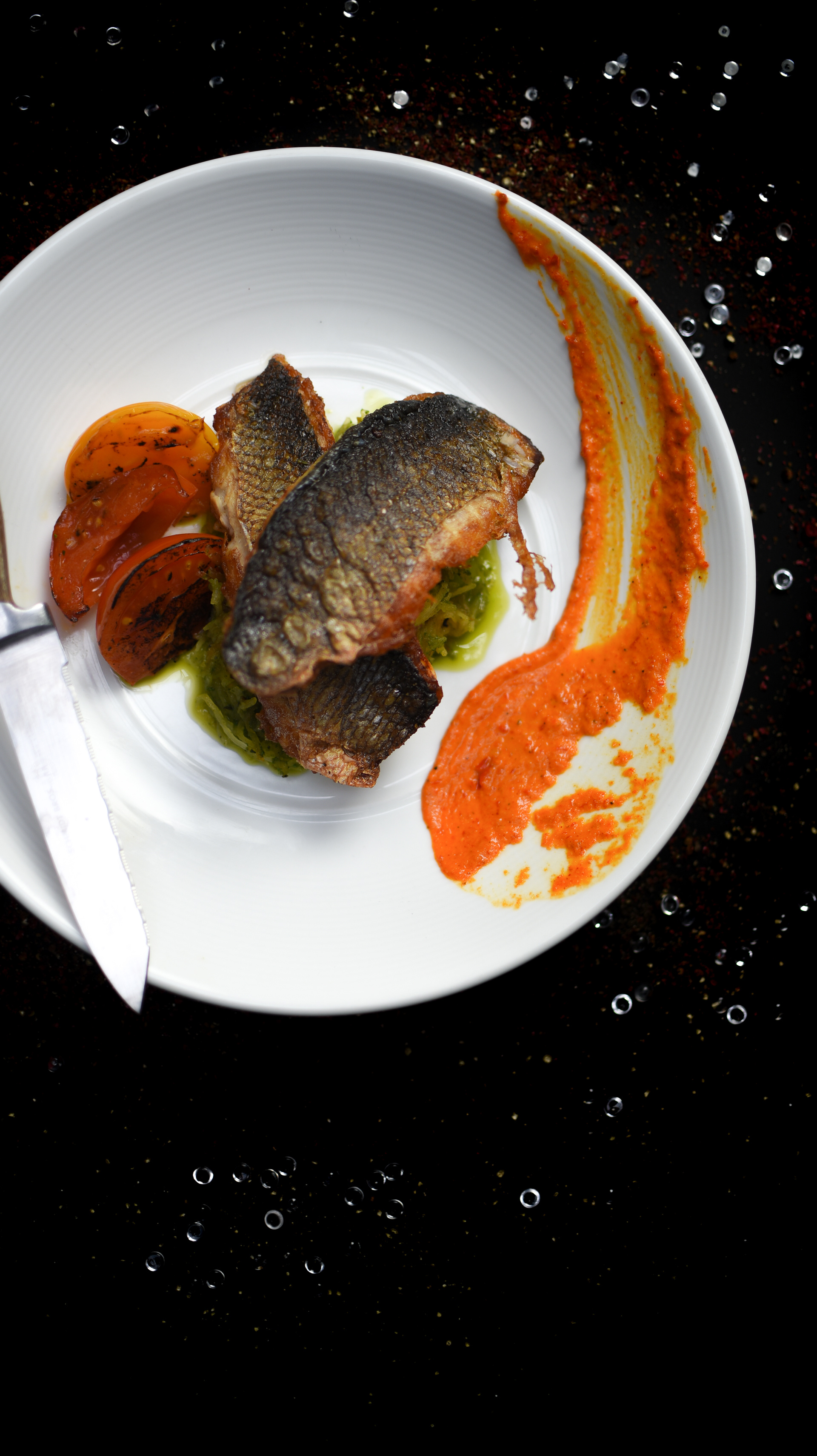 BRONZINI - Peppadew romesco, blistered heirloom tomato, roasted squash