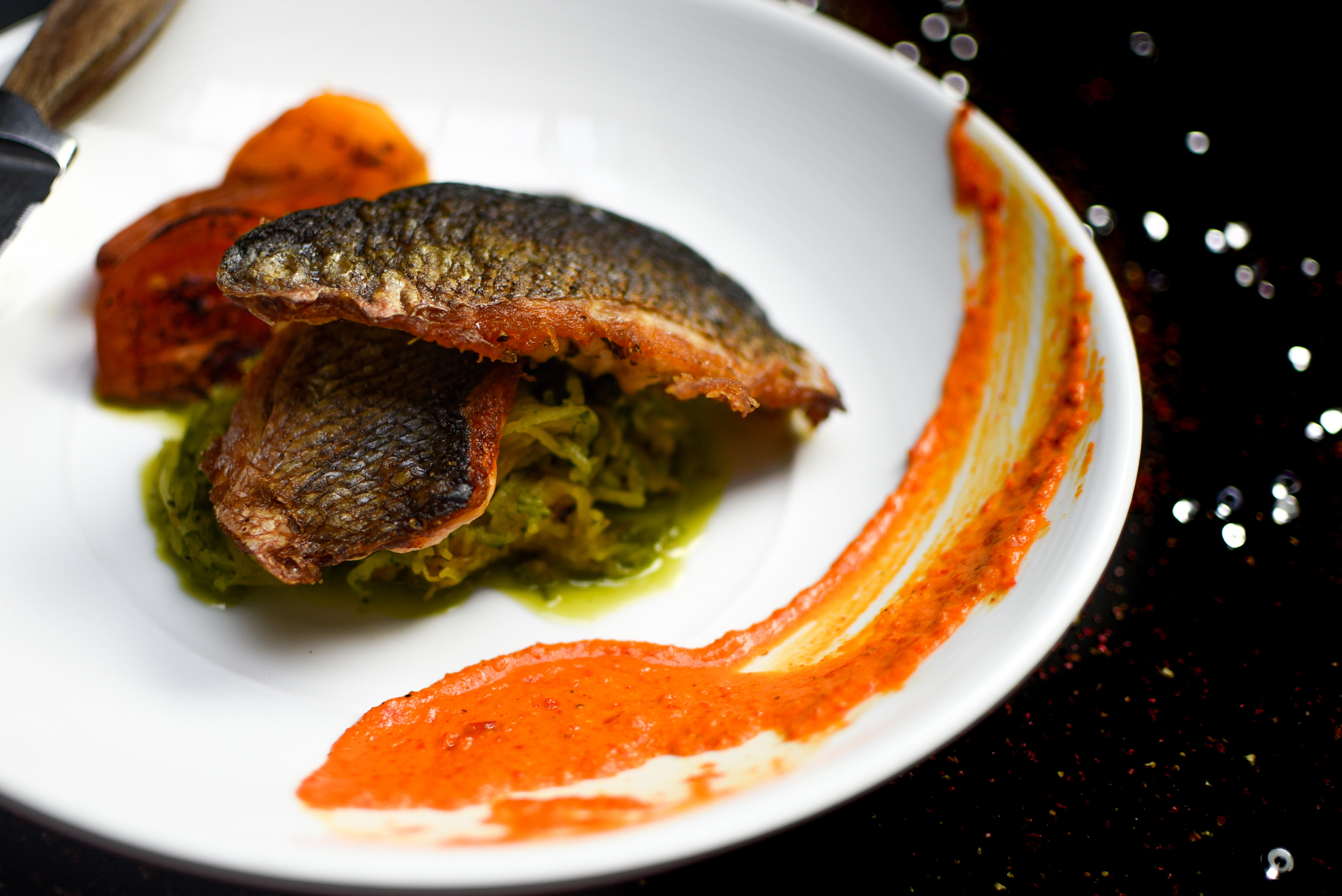 BRONZINI - Peppadew romesco, blistered heirloom tomato, roasted squash