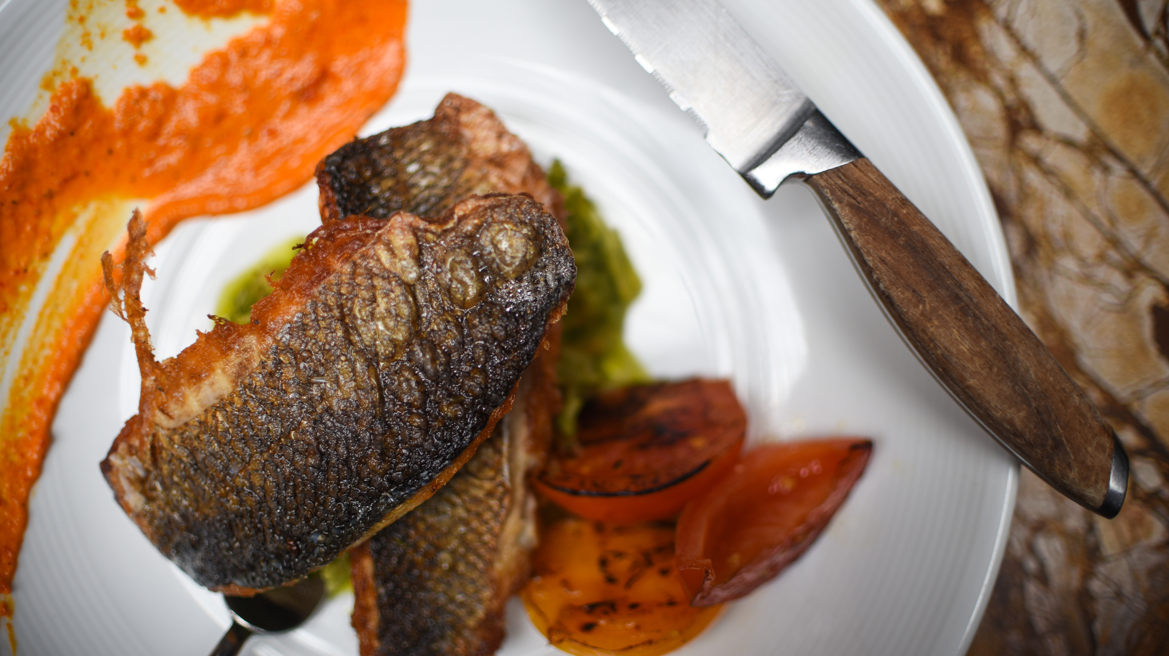 BRONZINI - Peppadew romesco, blistered heirloom tomato, roasted squash