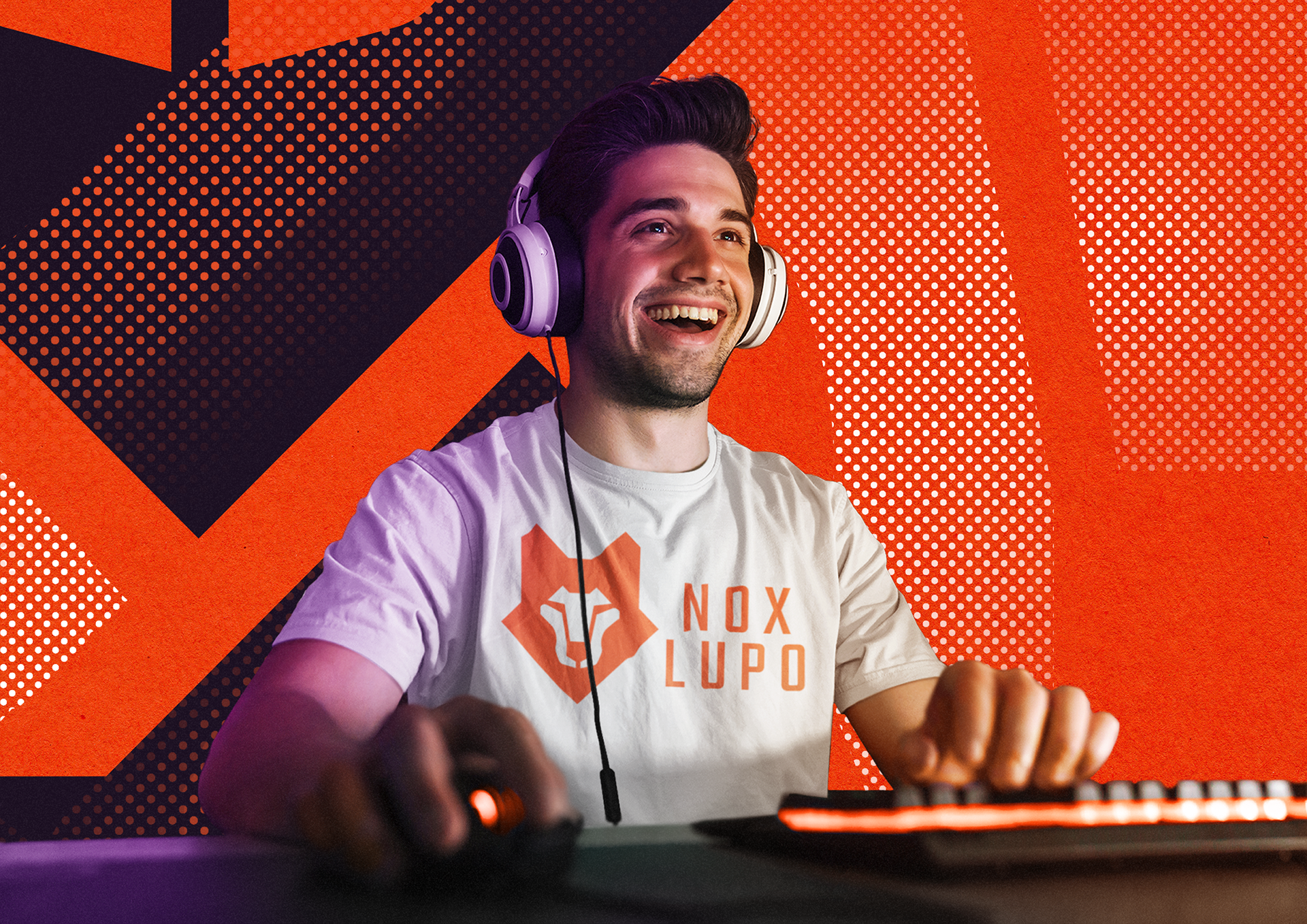 Nox Lupo Gamer with White Shirt and Vermillion Color Logo and Logotype - Front Cover