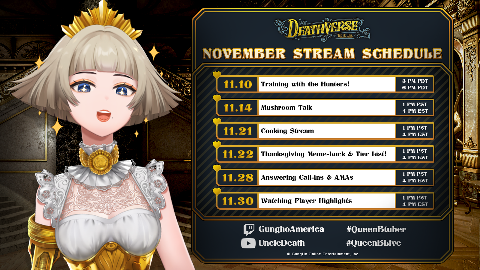 Queen B Deathverse: November Stream Schedule