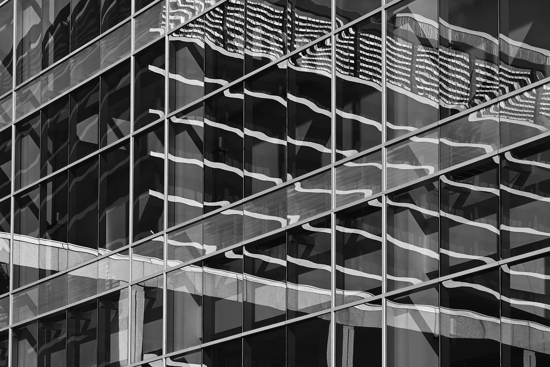 Reflections in a modern office building, Los Angeles, black and whitephotograph