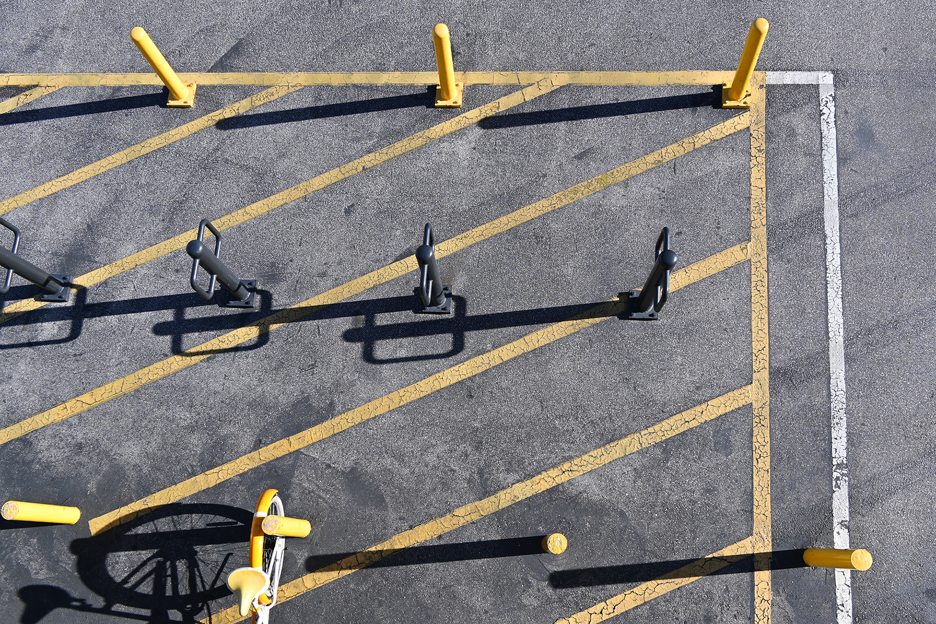Looking down on Bike racks with yellow bollards and painted stripes.