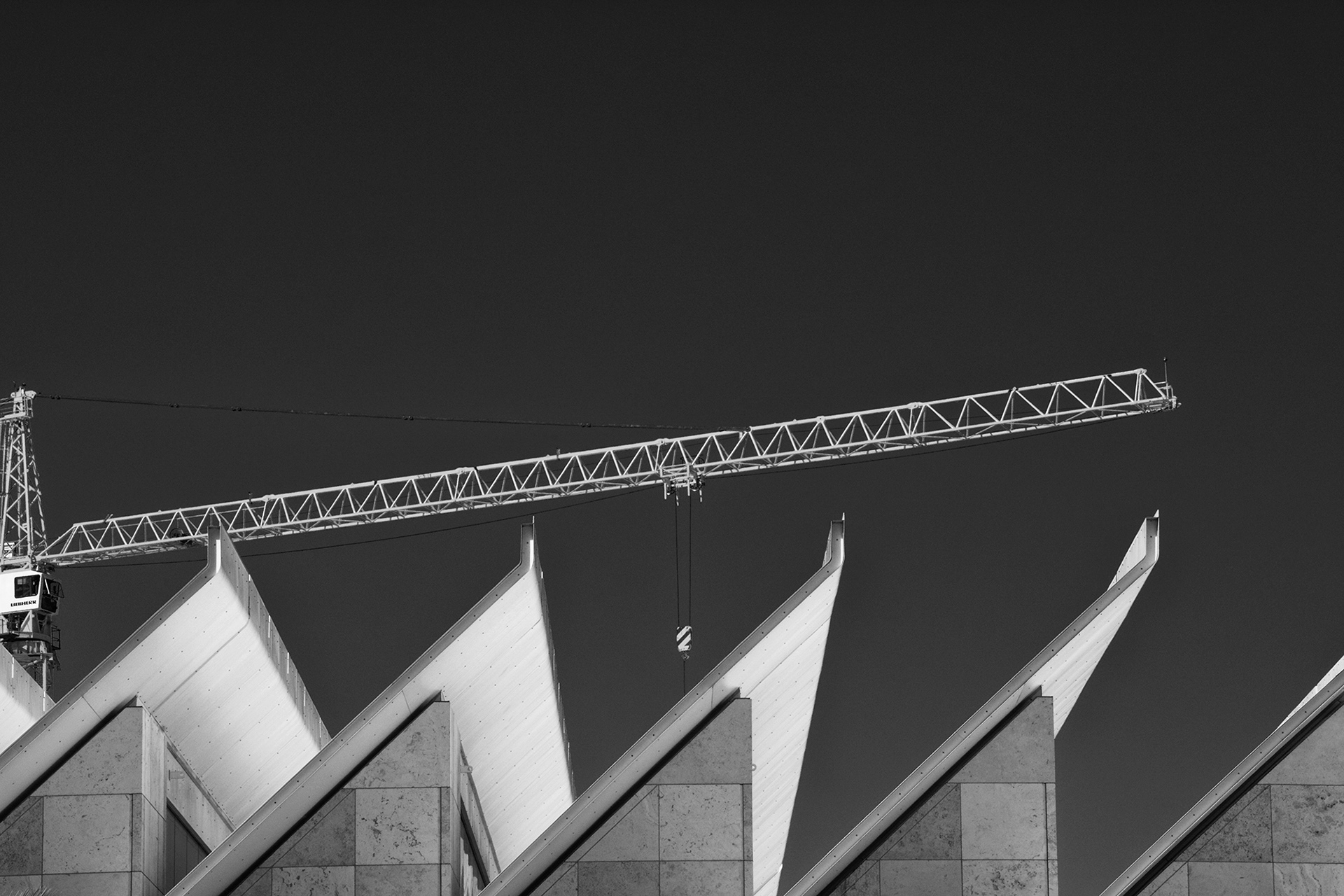 Roofline at Los Angeles County Museum of Art, LACMA, with Construction Crane, black and white photograph
