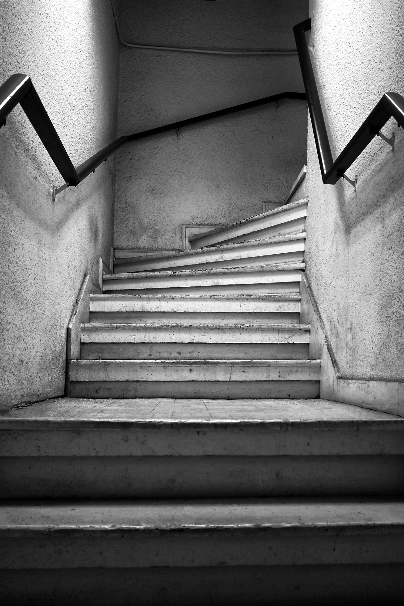 Stairwell inside the Santora Arts Building, Santa Ana, black and white photograph