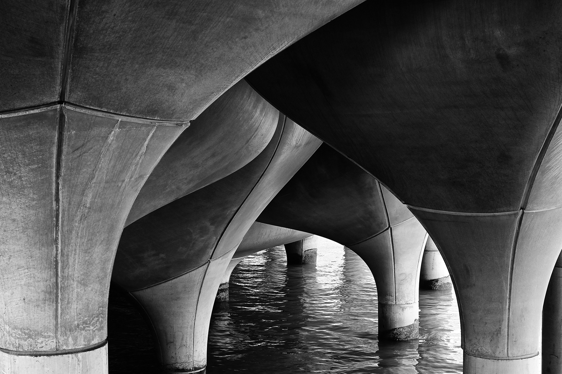 Little Island Pylons Closeup, New York, black and white photograph