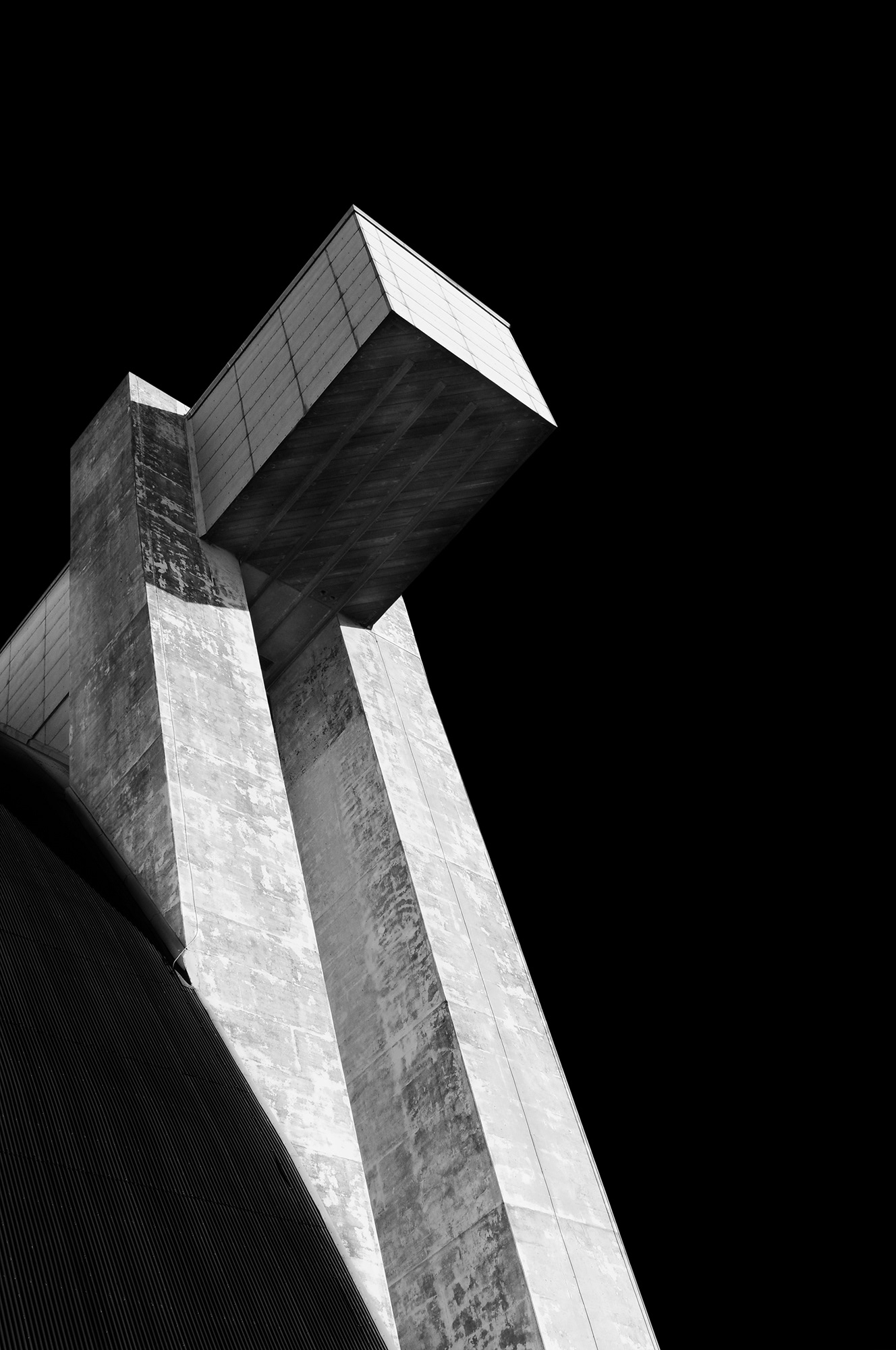 Blimp Hangar 1 at the former MCAS, Tustin, CA. Closeup of the massive concrete door support. Black and white photograph